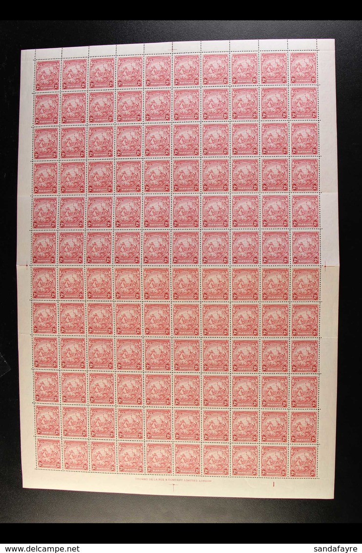 1938-47  Definitive 2d Carmine Perf 13½ X 13 (SG 250d) - A Very Fine NEVER HINGED MINT COMPLETE SHEET OF 120 STAMPS With - Barbados (...-1966)