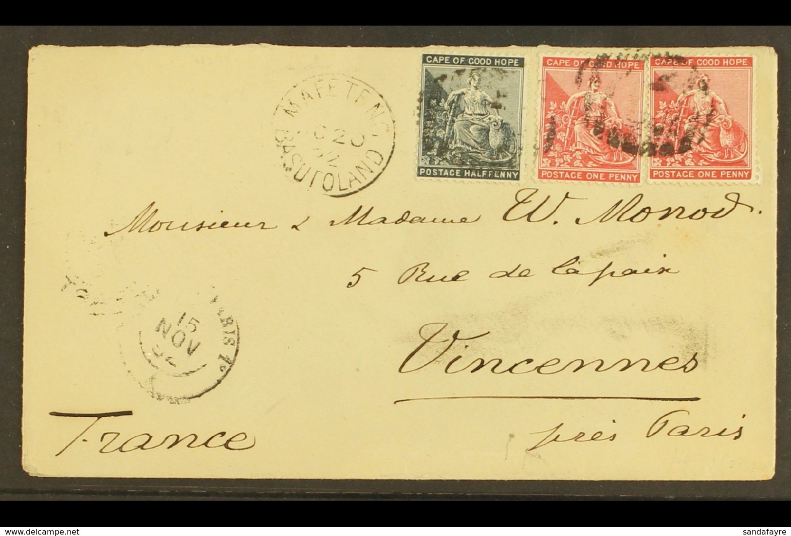 1892 MISSIONARY COVER  Superb Cover To Vincennes, France From The Paris Evangelical Missionary Society, Hermon, Basutola - Autres & Non Classés