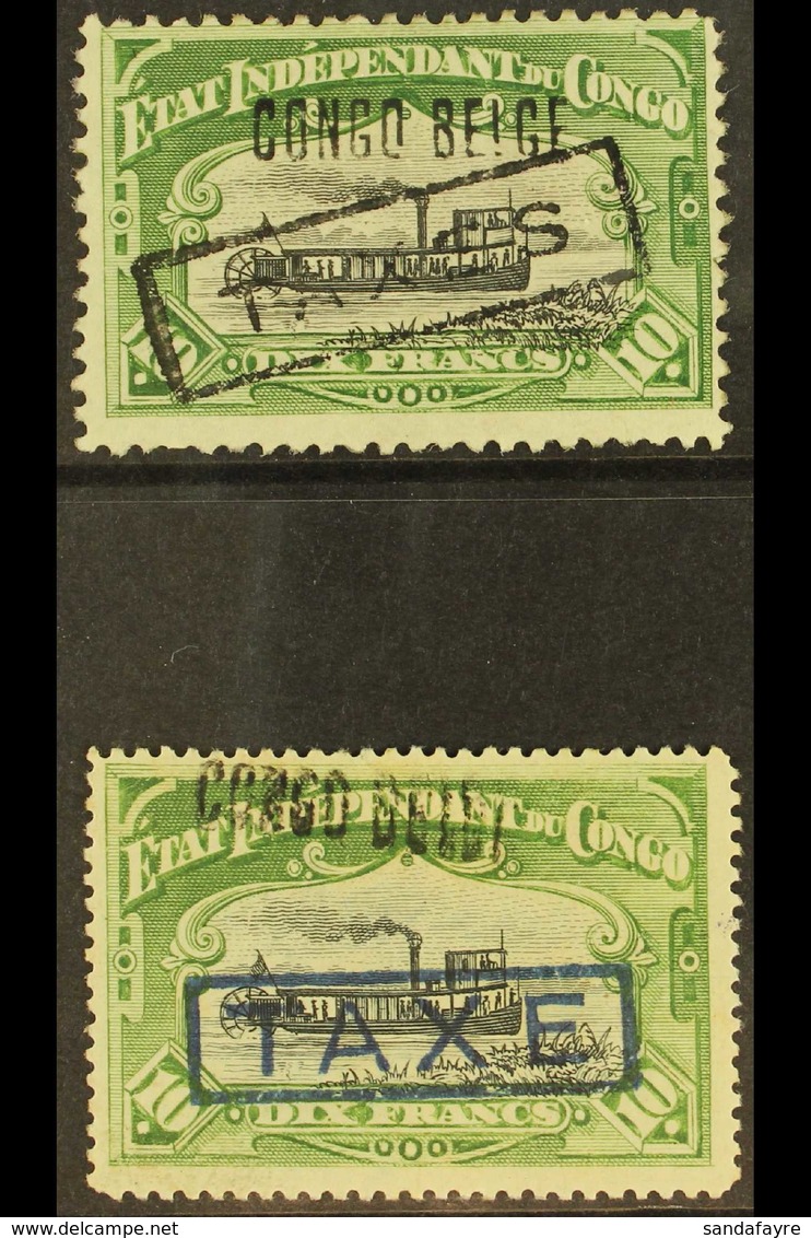 CONGO  1909 Stamp Tax, Local Overprint 10f Green And Black Perf. 12 (light Crease), 10f Perf. 14 (small Thin), COB TX16/ - Sonstige & Ohne Zuordnung