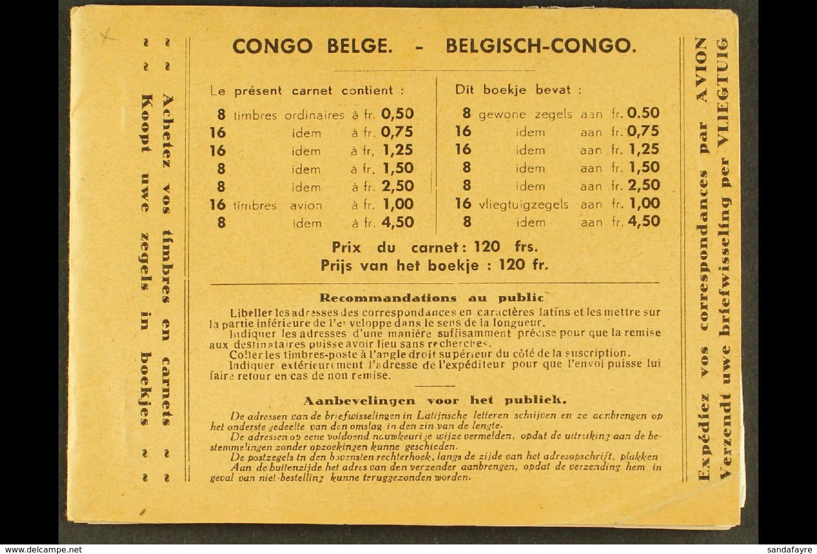 CONGO  1937 120f. Booklet, COB A5, Complete With Interleaving, Staples Removed, Fresh. For More Images, Please Visit Htt - Andere & Zonder Classificatie