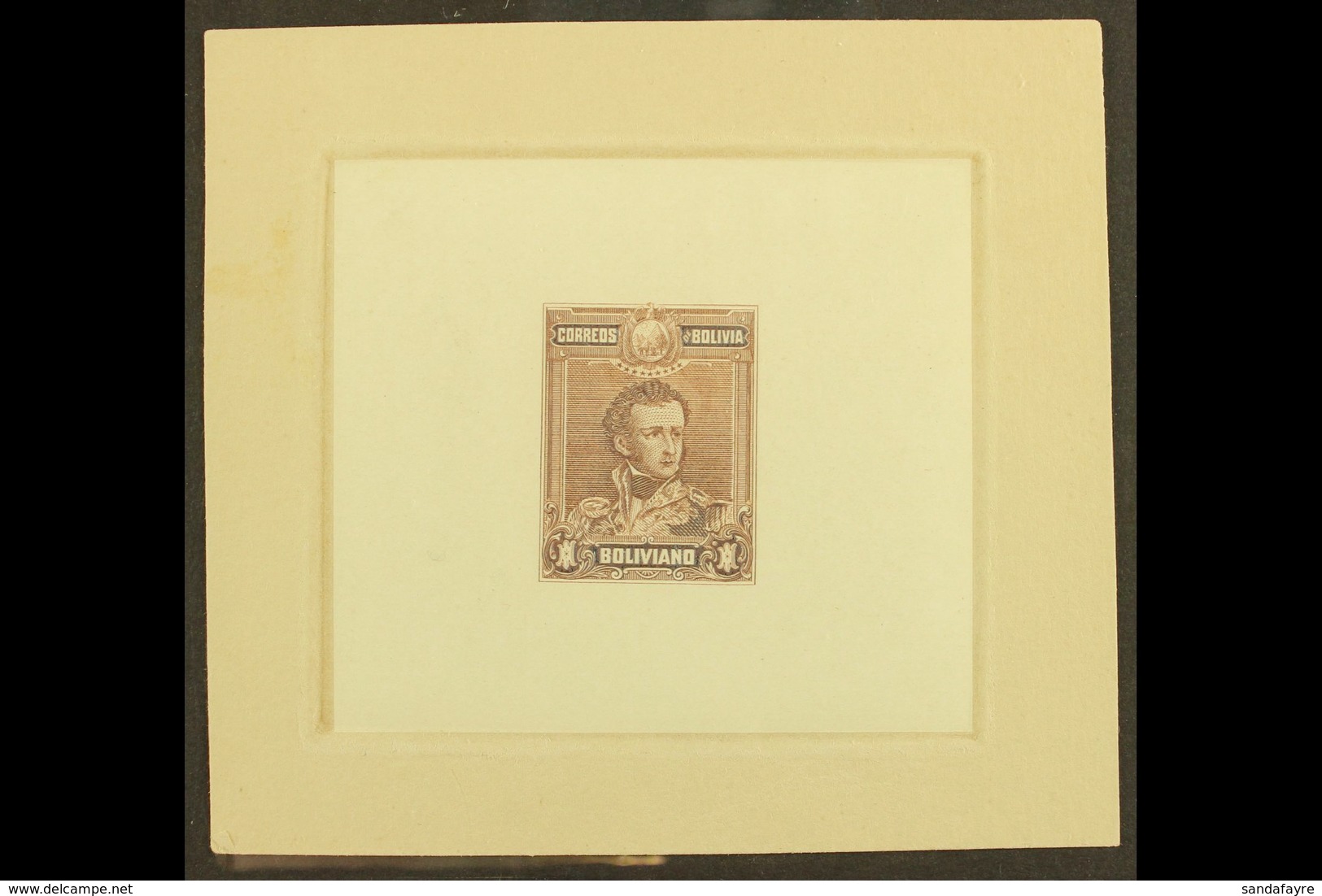 1899 IMPERF DIE PROOF  1899 Antonio Jose De Sucre 1b Issue (Scott 68, SG 99) On Thin Papers And Attached To Printer's Ca - Bolivië