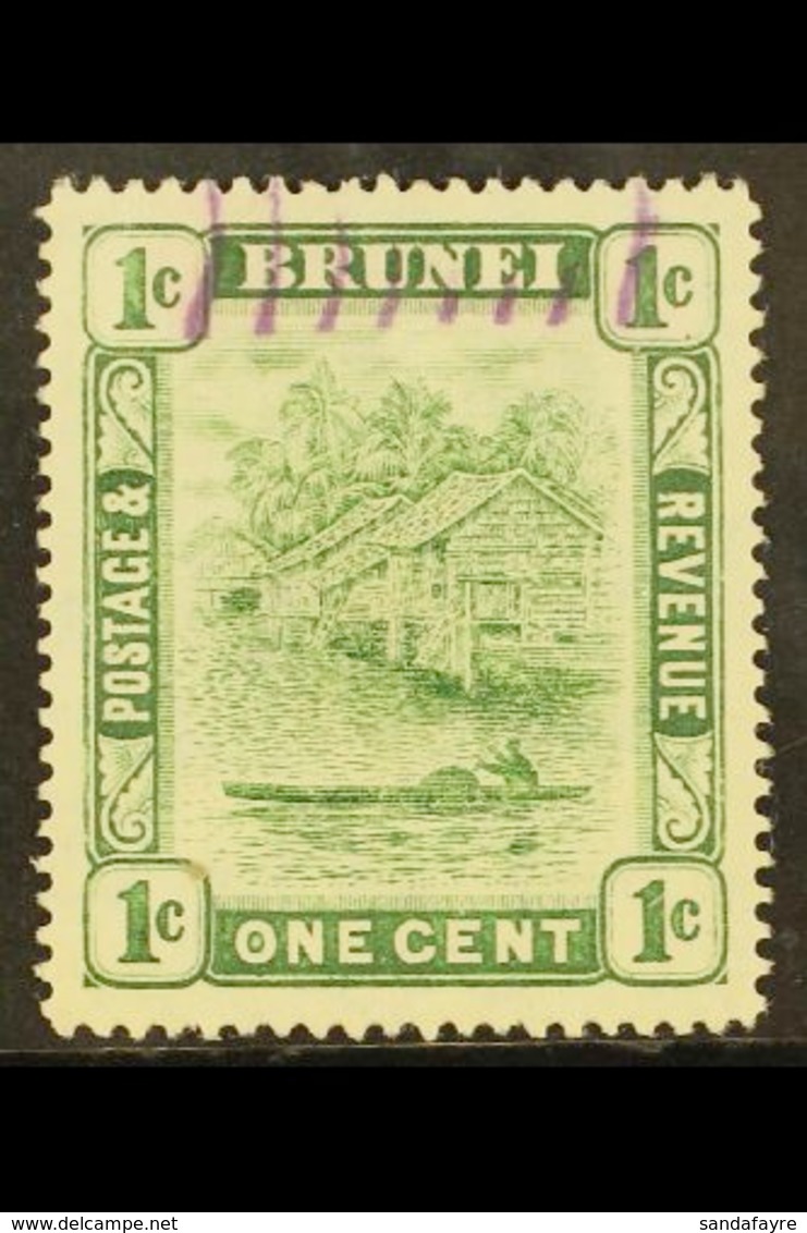 1908-22  1c Green SG34, With Unlisted WATERMARK REVERSED, Fine Used With Part Violet Barred Cancel. For More Images, Ple - Brunei (...-1984)