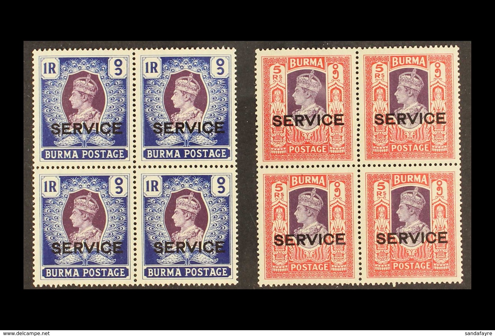 OFFICIAL  1939 1r And 5r With "SERVICE" Overprints, SG O24 And O26, Both As Superb Never Hinged Mint BLOCKS OF FOUR. (8  - Birma (...-1947)