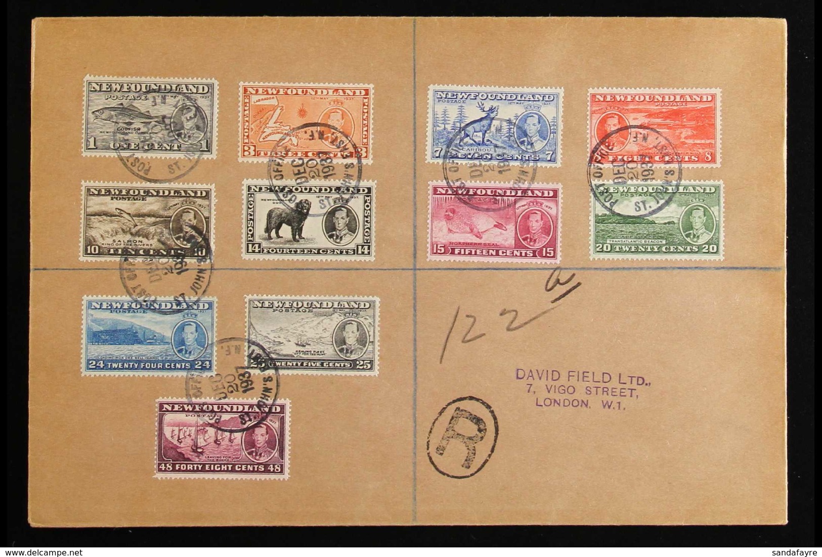 1937  Long Coronation Complete Set Of 11, SG 257/267, On Registered Cover To London, Tied By "POST OFFICE / ST. JOHN'S E - Andere & Zonder Classificatie