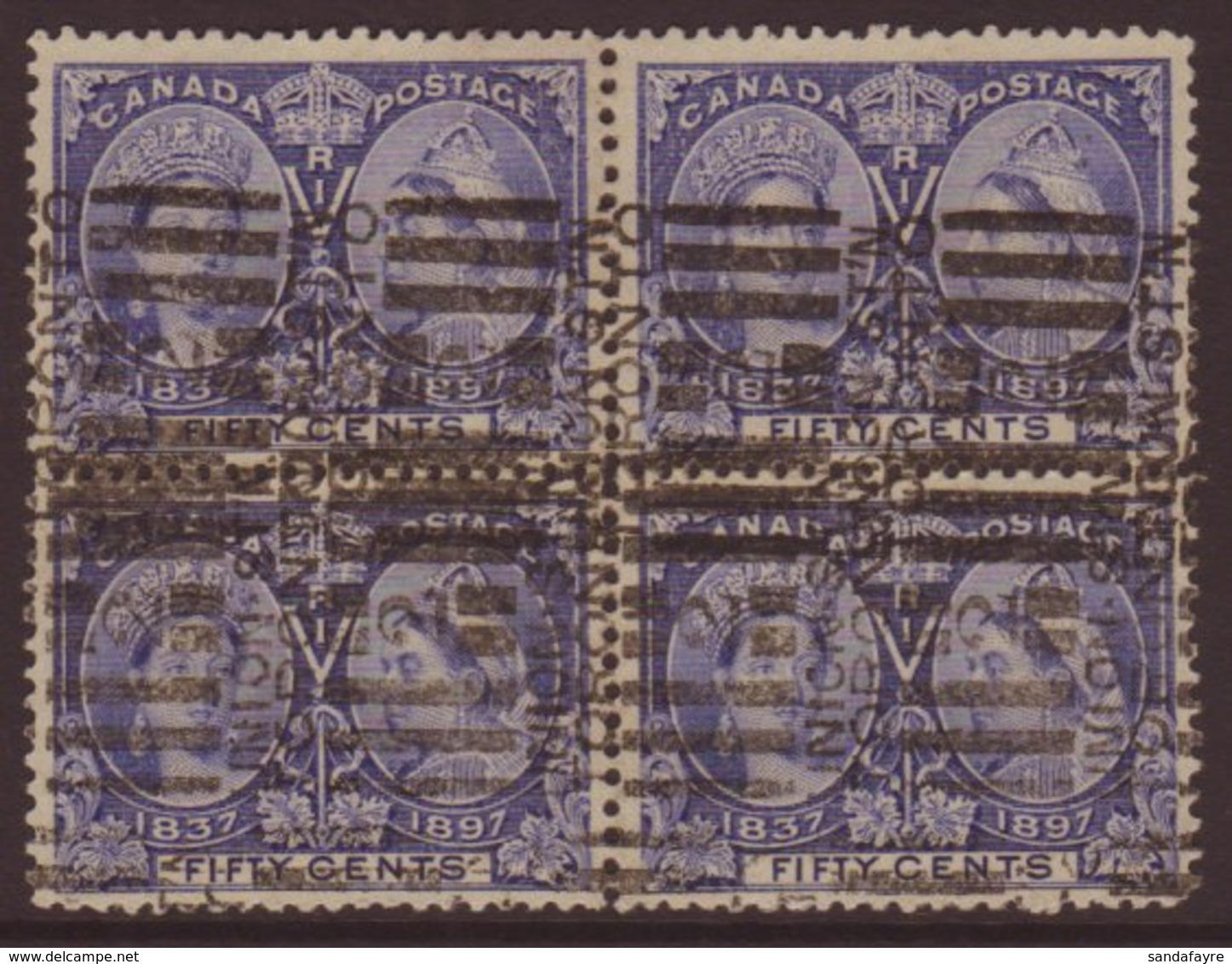 1897  50c Bright Ultramarine, Jubilee, SG 135, Used Block Of 4 With Light Roller Cancels. Scarce Item (1 Block Of 4) For - Altri & Non Classificati