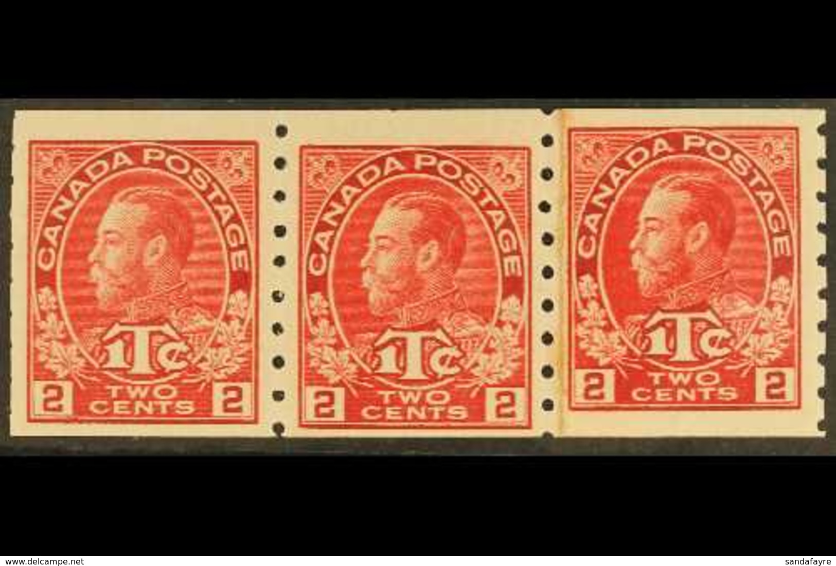 1916 COIL STRIP.  2c + 1c Carmine Red (Die I) War Tax - Imperf X P8, SG 234, Coil Strip Of Three Including A "Paste Up P - Altri & Non Classificati