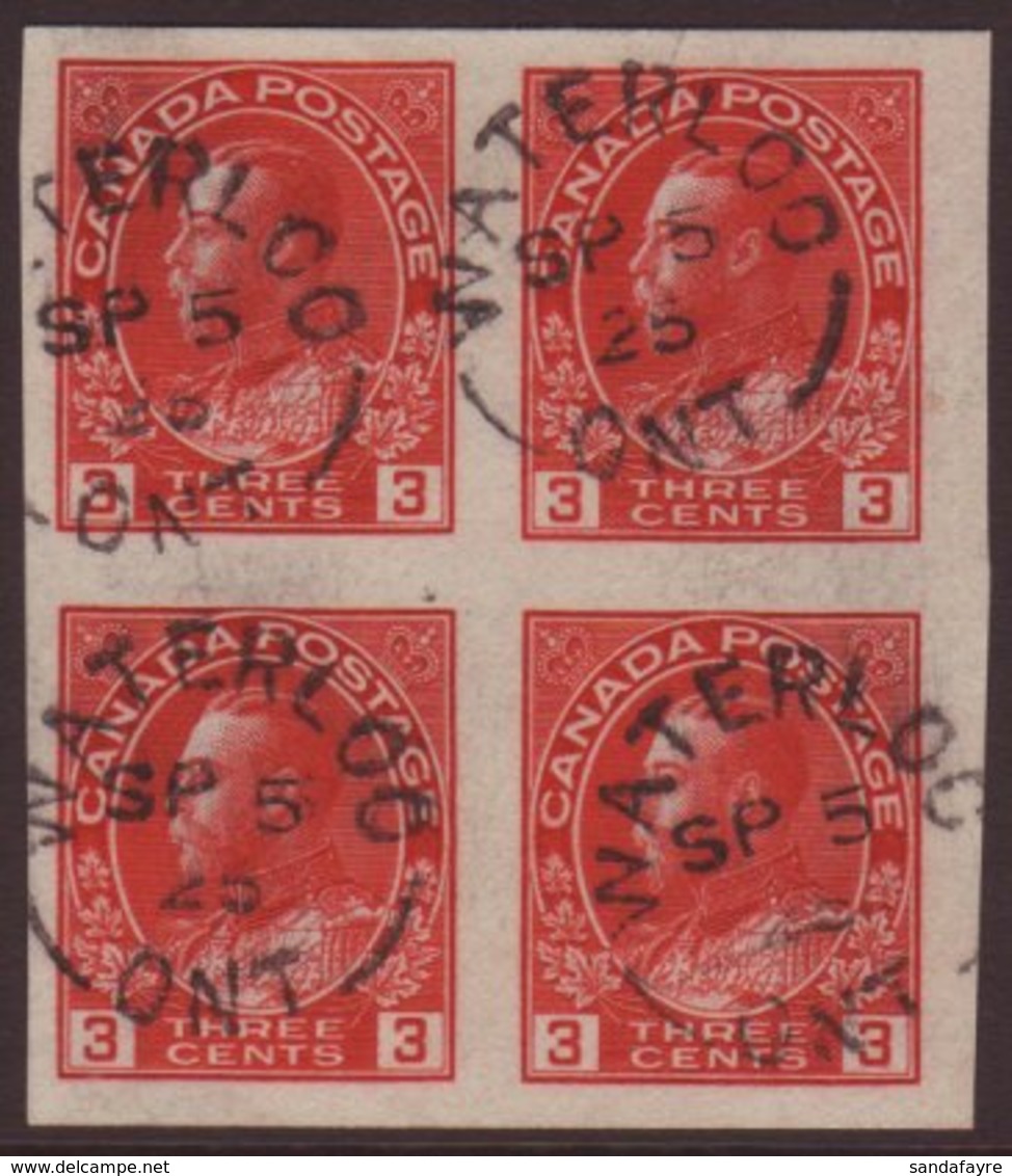 1922-31  3c Carmine (Die 1), Geo V,  SG 261, Imperf Block Of 4 With Large Margins All Round, Bearing 4 X Waterloo Ontari - Autres & Non Classés