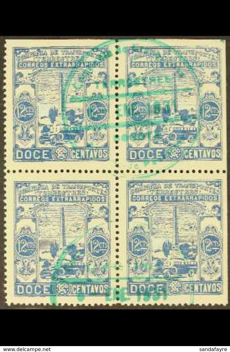 COMPANIA DE TRANSPORTES TERRESTRES  1927 12c Blue 'Correos Extrarrapidos' Bus Local Private Company Issue, Used Top Righ - Colombia