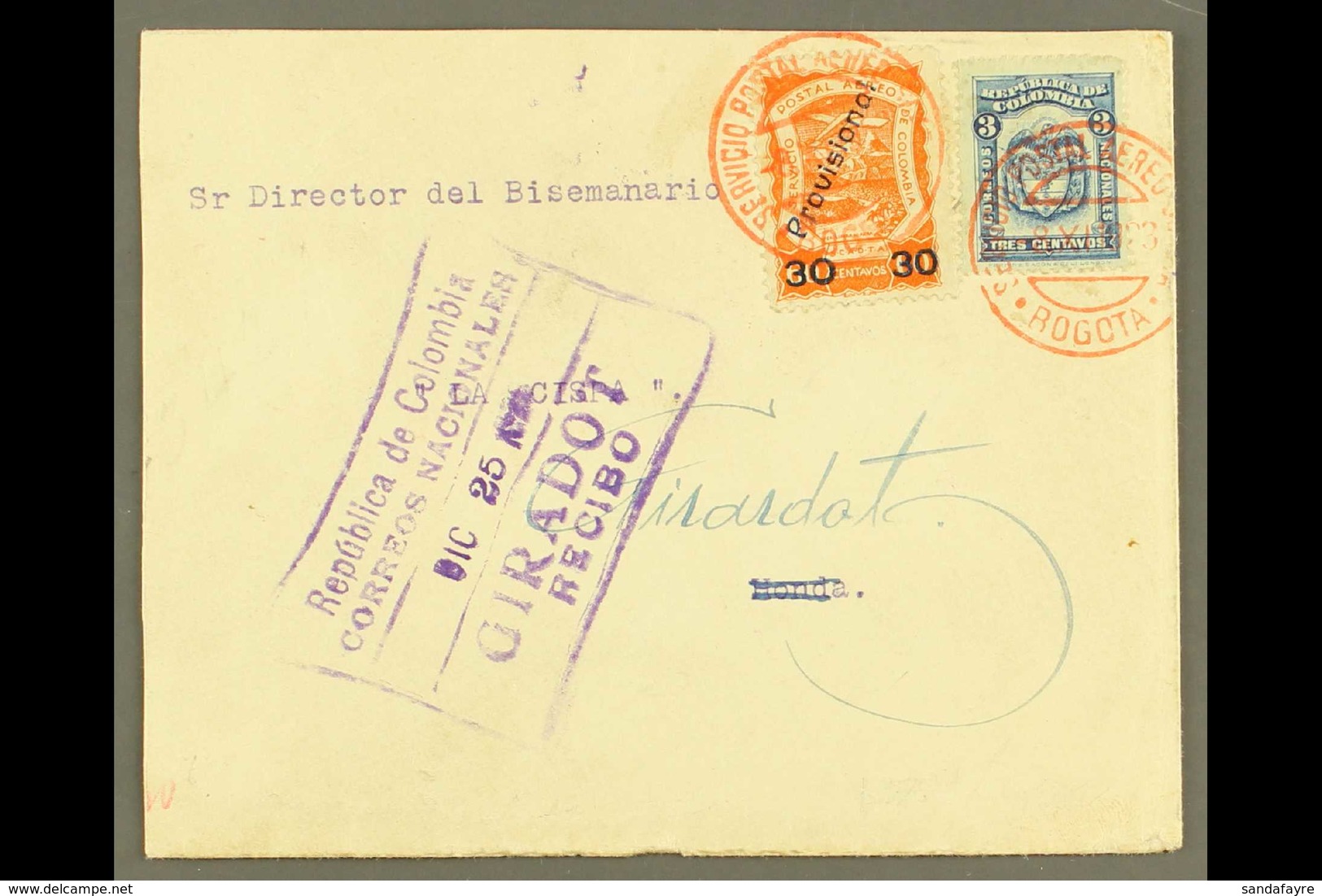 PRIVATE AIR COMPANIES - SCADTA  1923 (Nov/Dec) Cover From Bogota To Honda (reduced At Left) Bearing 1923 30c On 60c Oran - Colombia