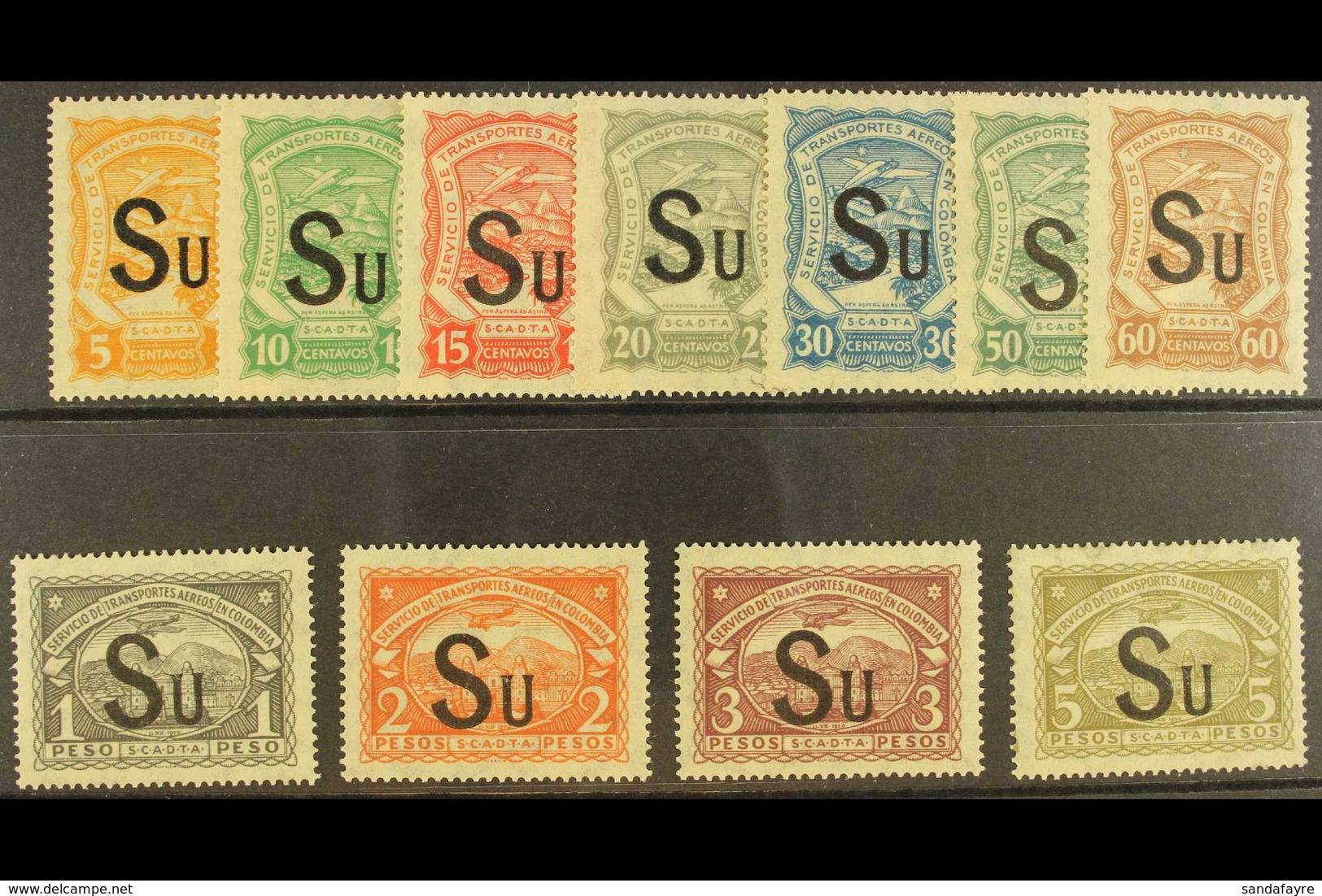 PRIVATE AIRS - SCADTA  1924 (10 Mar) "SU" Overprinted (for Sweden) Complete Set (SG 26M/36M, Scott CLSU1/11), Very Fine  - Colombia
