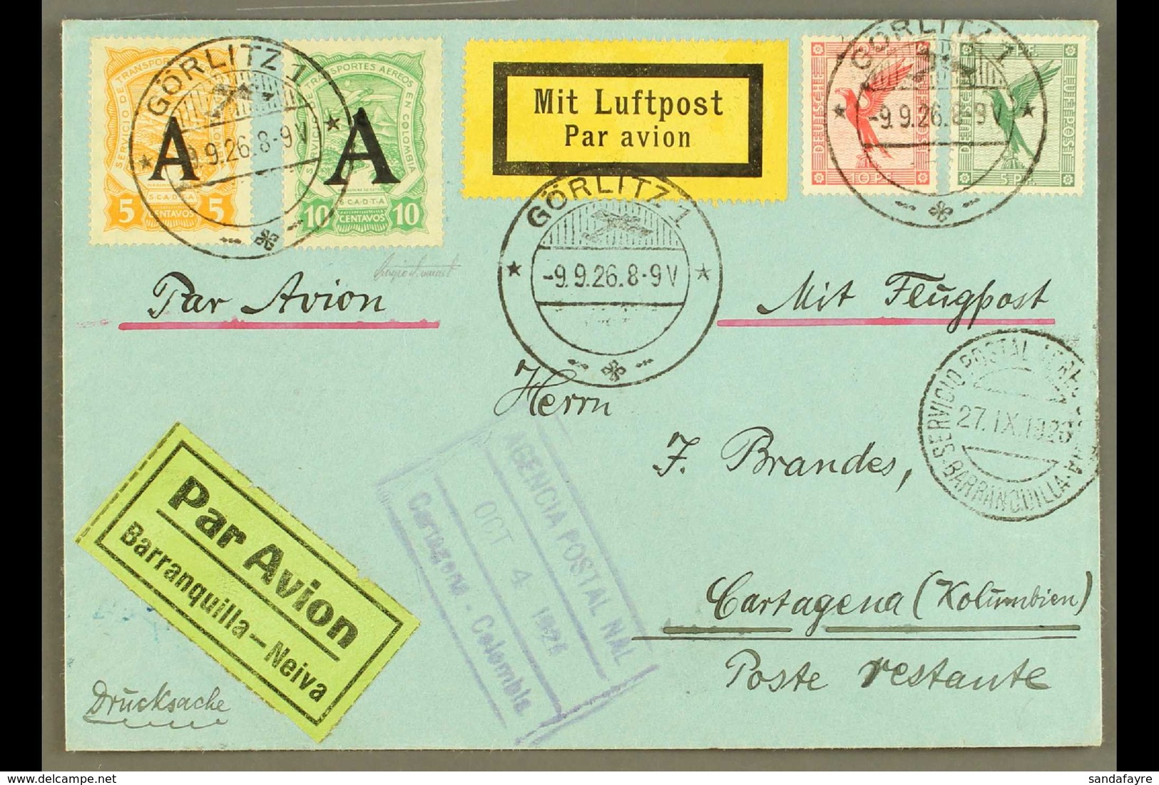 SCADTA  1926 (9 Sep) Printed Matter Airmail Cover From Germany Addressed To Cartagena, Bearing Germany 5pf & 10pf And SC - Colombia