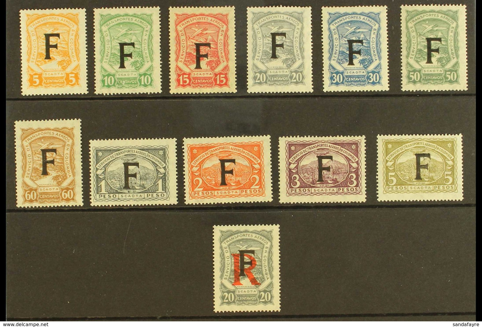 SCADTA  FRANCE 1923 Complete Set With "F" Consular Overprints Inc 20c Registration Stamp (Scott CLF81/91 & CFLF5, SG 26G - Colombia