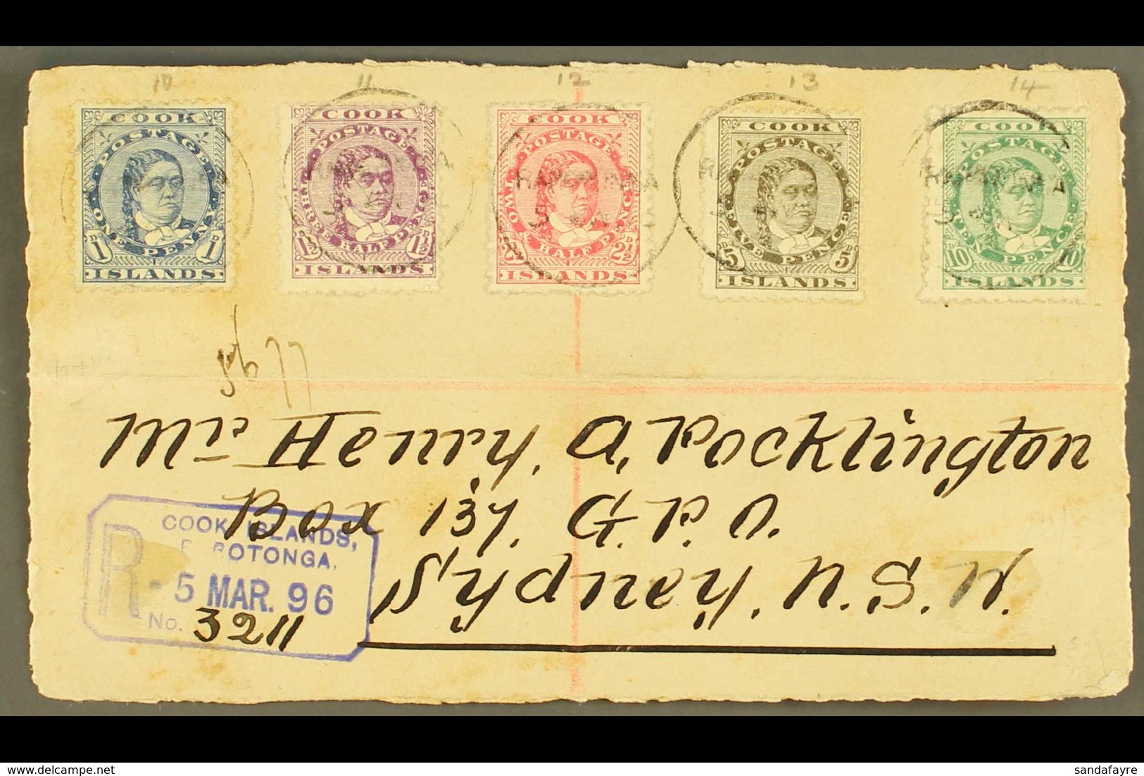 1896  (5th March) Envelope Front Registered To Sydney, Bearing Queen 1d, 1½d, 2½d, 5d And 10d Tied By 1st Type Rarotonga - Cook