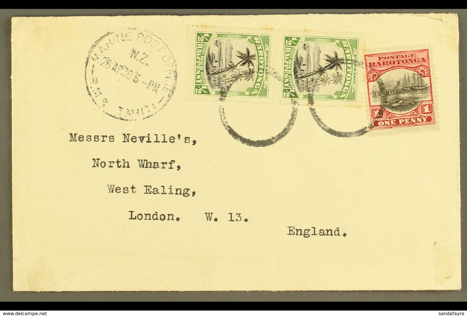 1930  (April) Envelope To London, Bearing Pictorial ½d Pair And 1d Tied By "dumb" Circles, Marine Post Office R.M.S. Tah - Cook