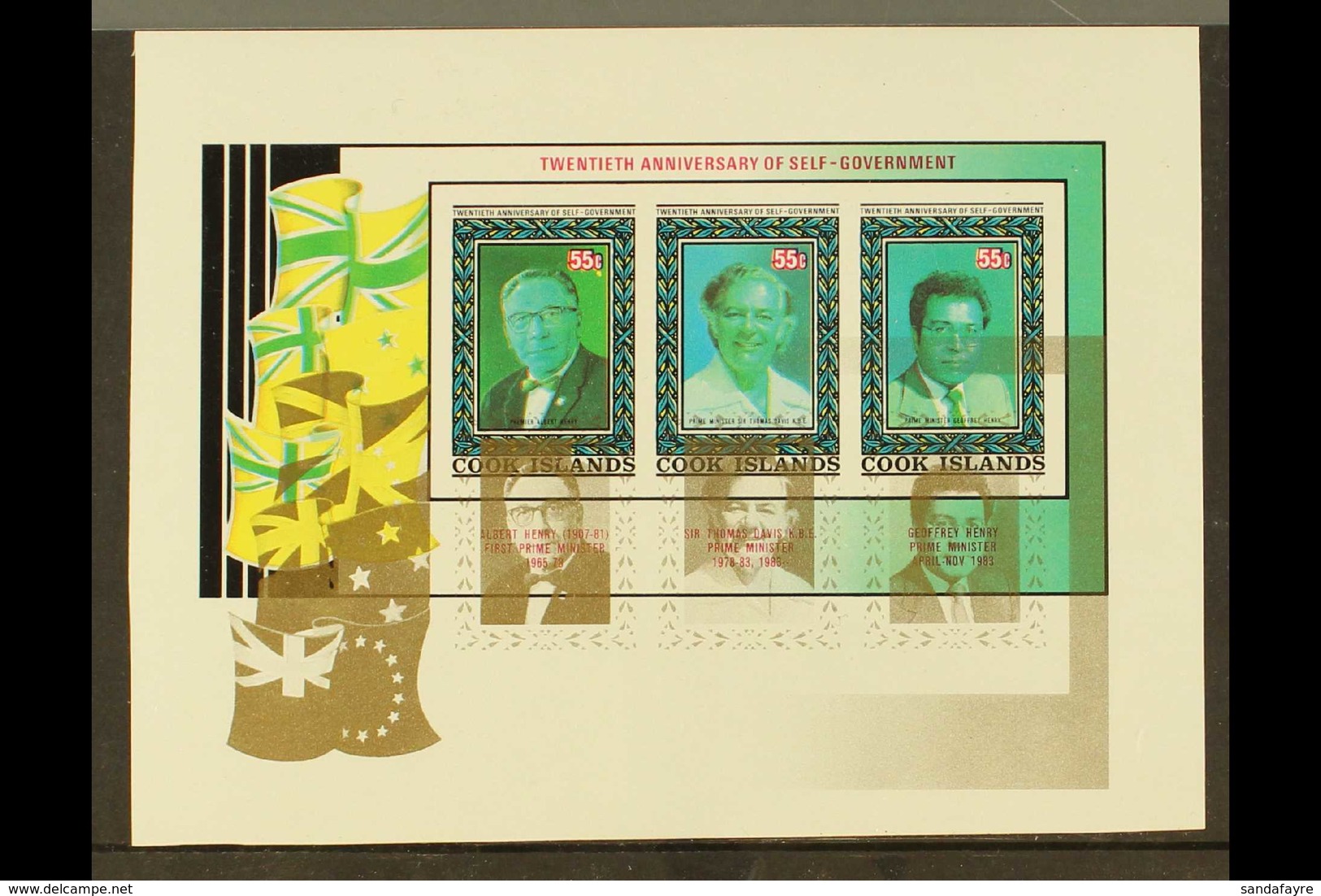 1985  20th Anniversary Of Self-Government Miniature Sheet (SG MS1043, Scott 879, Yvert BF 158A), IMPERF PROOF With The G - Cook