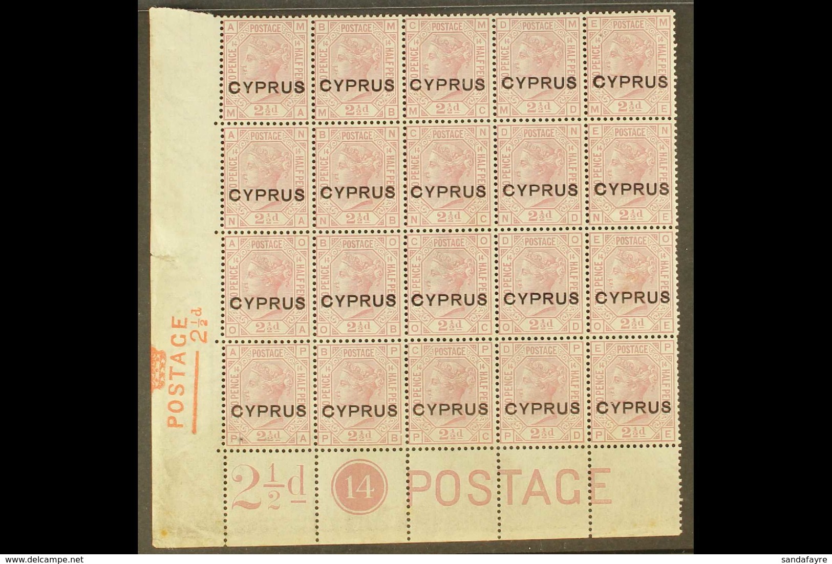 1880  2½d Rosy Mauve, SG 3, Plate 14, Lower Left CORNER BLOCK OF TWENTY (5 X 4) With Full Marginal Descriptions, Never H - Andere & Zonder Classificatie