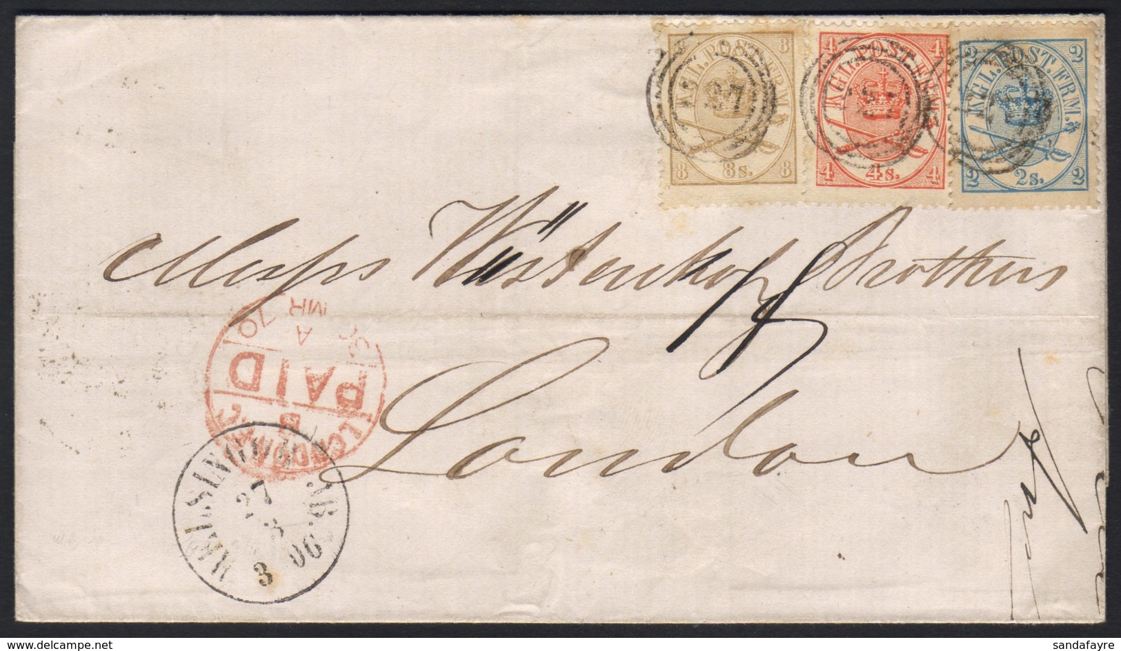 1870  (27 Mar) Envelope To London Bearing A Spectacular Three - Colour Franking Of The 1864-70 2sk Blue, 4sk Vermilion & - Altri & Non Classificati