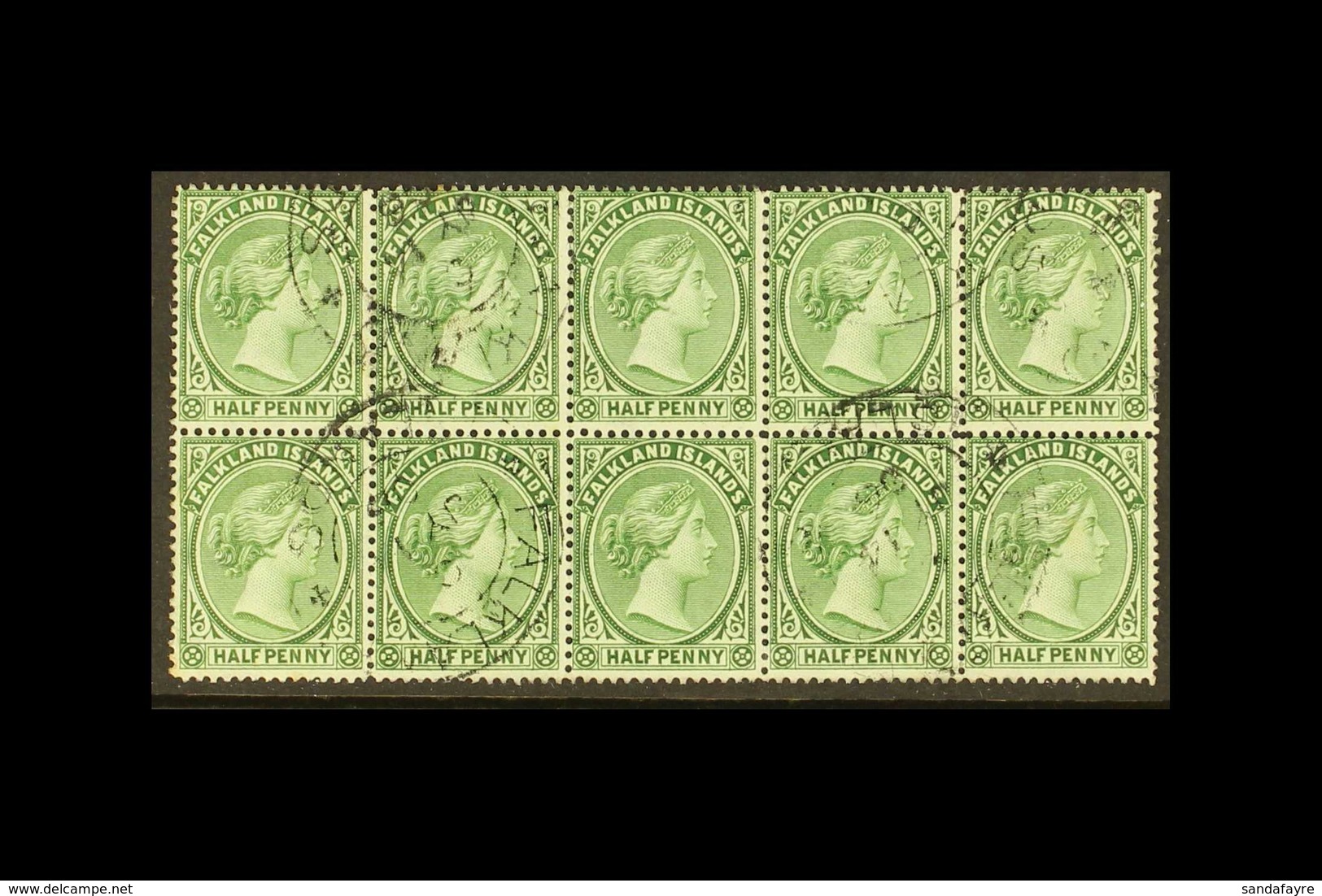 1891-1902  ½d Yellow-green, SG 17b, Fine Used BLOCK OF TEN (5 X 2). Scarce Multiple! For More Images, Please Visit Http: - Falkland