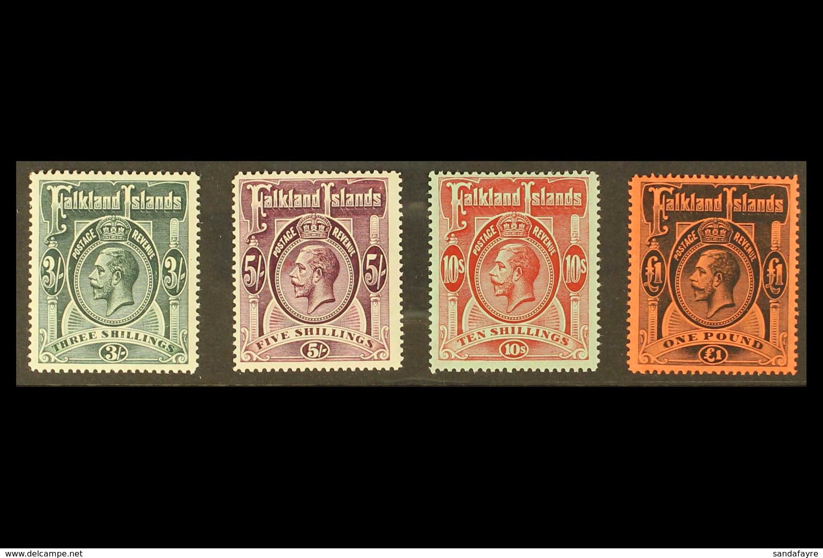 1912-20  KGV High Values, 3s To £1 (SG 66, 67b, 68 And 69), Fine/ Very Fine NEVER HINGED MINT. Attractive And Scarce! (4 - Falklandeilanden