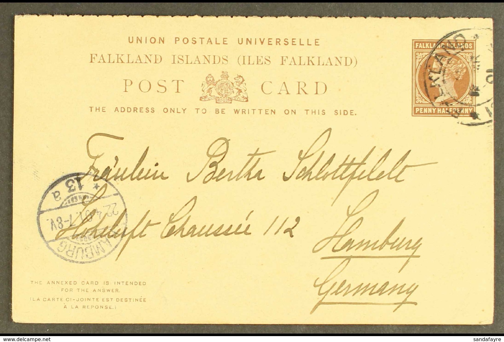 POSTAL STATIONERY  1884-91 1½d+1½d Brown Reply Card With Acute Accent Over First "E" Of "RESPONSE" Missing Variety (H&G  - Falkland