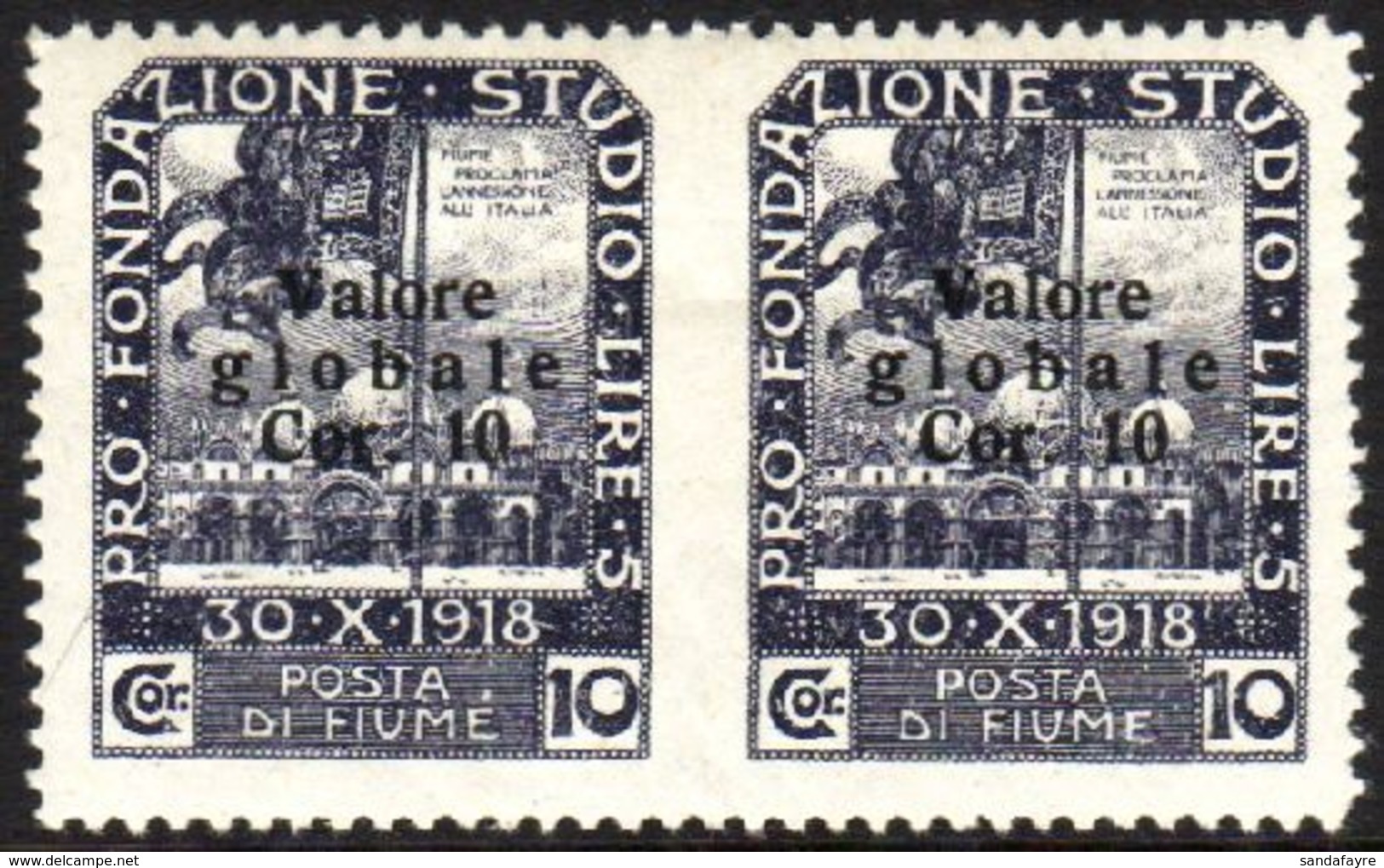 1920  10cor On 10cor Slate-violet Ovptd "Valore Globale", Variety "HORIZONTAL PAIR IMPERF BETWEEN", Sass 111q, Fine Mint - Fiume