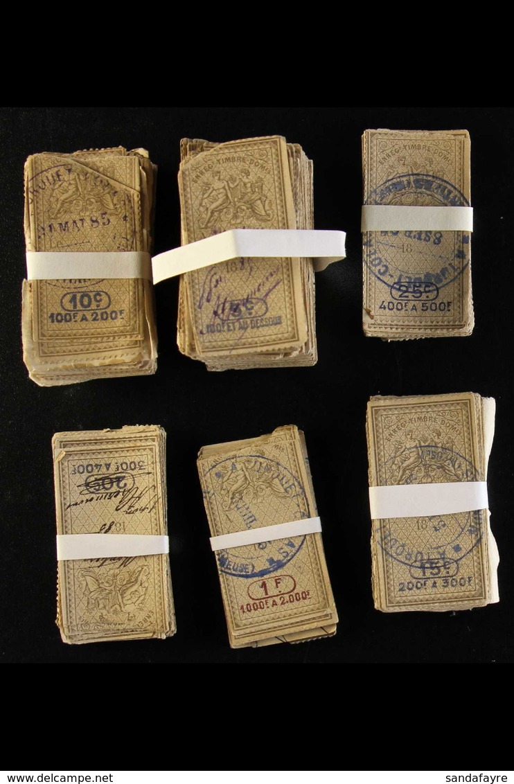 FISCALS IN OLD BUNDLES  A Group Of 1880's Used "Tall" Fiscal Stamps With Values To 1fr And Tied Into Bundles. A Great Lo - Altri & Non Classificati