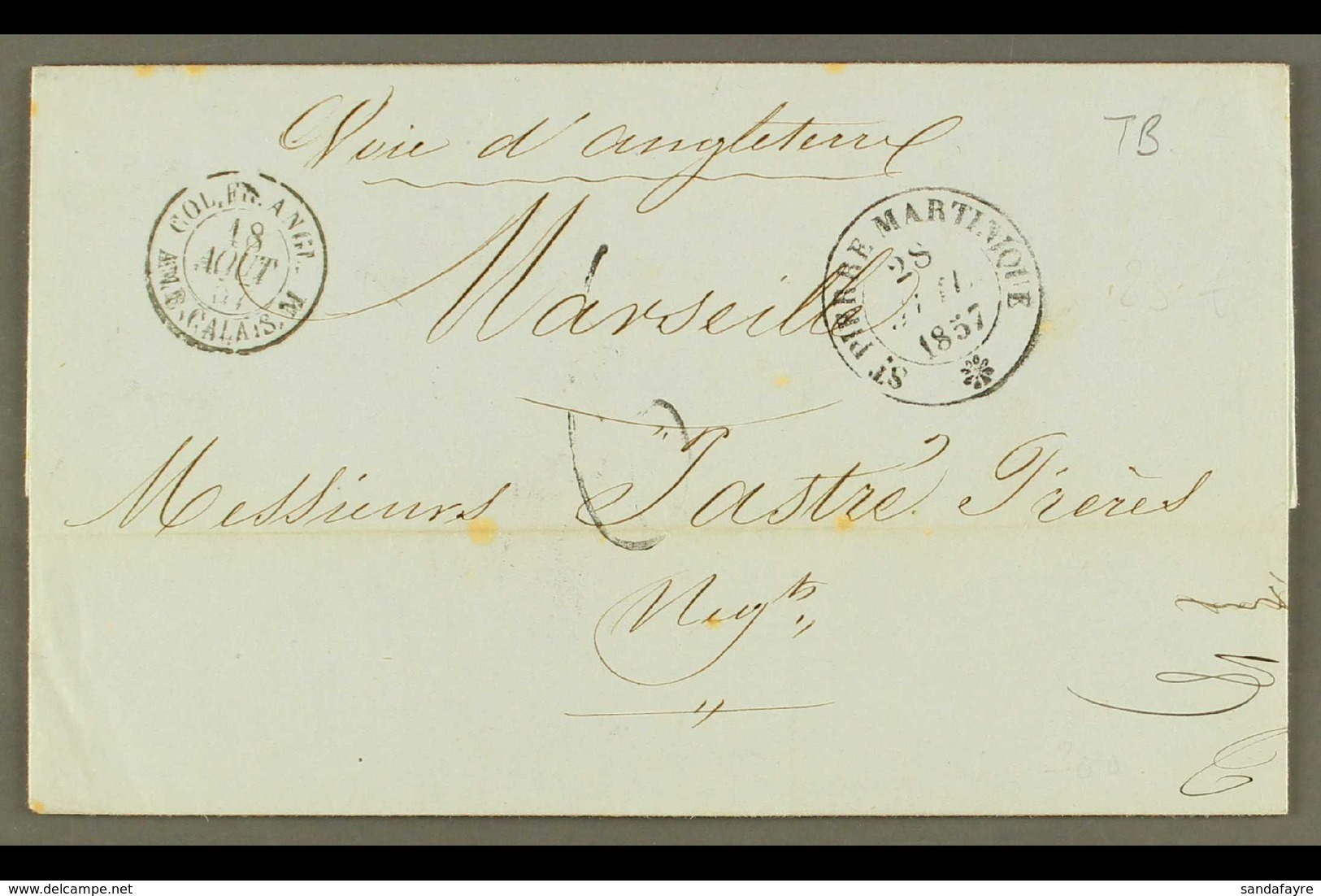 MARTINIQUE  1857 (28 July) Stampless Entire Letter To France, Endorsed 'voie D'Angleterre', Bearing "St Pierre, Martiniq - Other & Unclassified