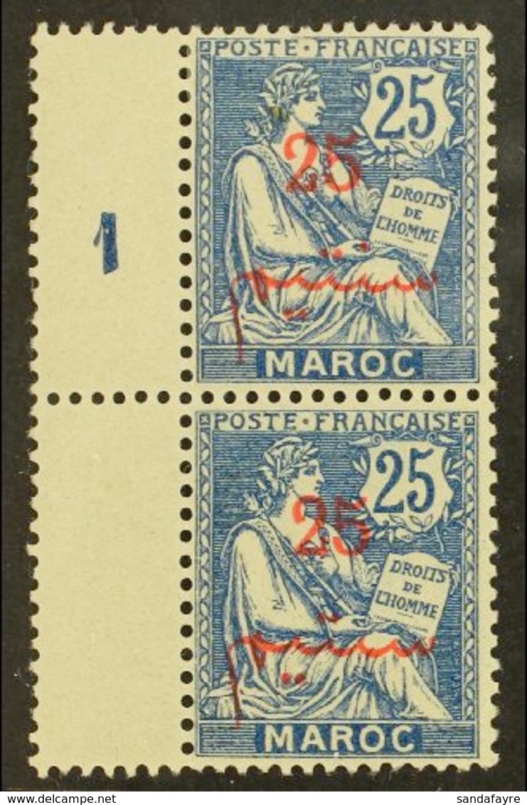 MOROCCO  1911-17 25c On 25c Blue, 2 Dots Instead Of 3, Yvert 32b (Maury 34a), In Very Fine Mint Vertical Pair With Norma - Andere & Zonder Classificatie