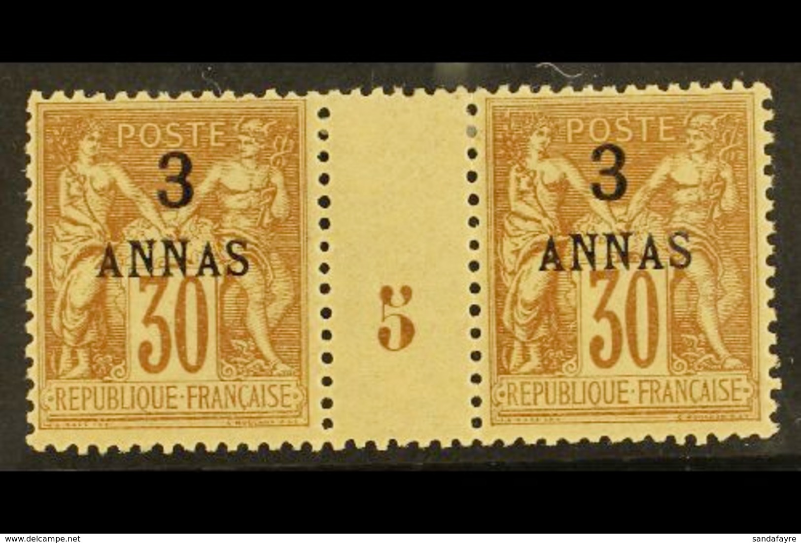 ZANZIBAR  1894-96 3a On 30c Brown (1895) MILLESIME (Number 5) PAIR, Yvert 6, Very Fine Lightly Hinged Mint For More Imag - Andere & Zonder Classificatie