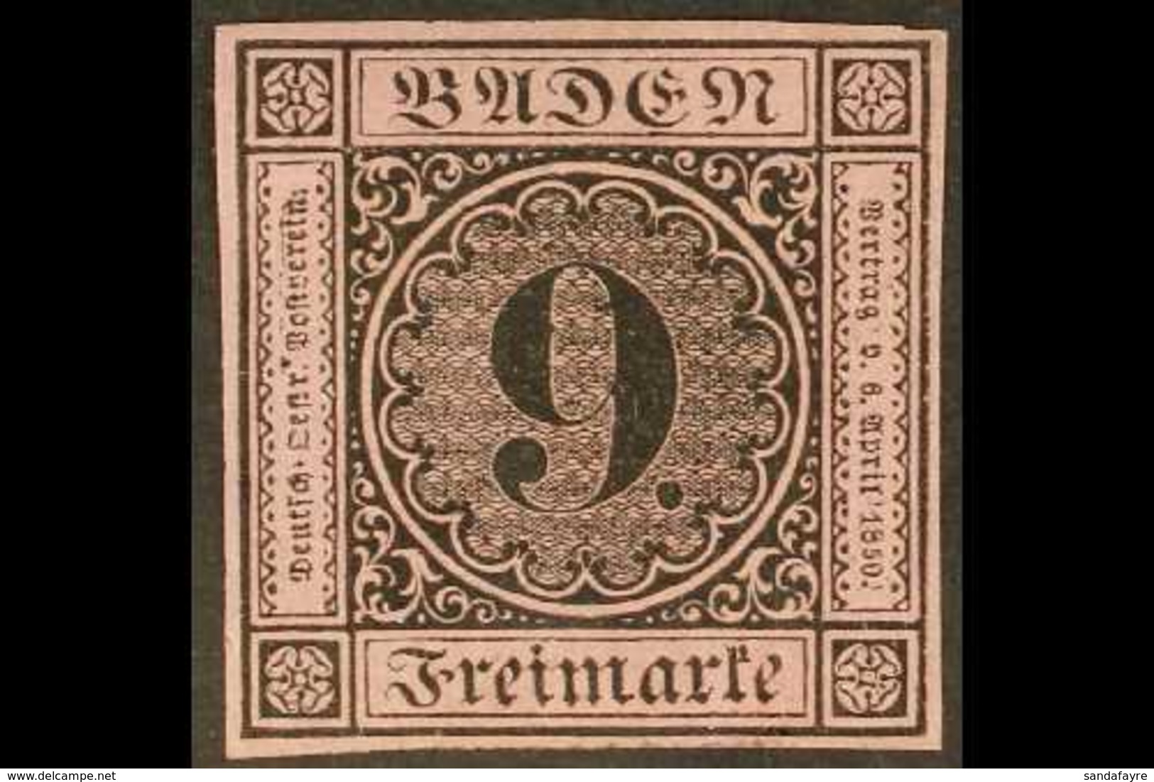 BADEN  1851-52 9k Black On Dull Rose (Michel 4b, SG 6a), Fine Mint, Four Good Margins, Very Fresh. For More Images, Plea - Andere & Zonder Classificatie