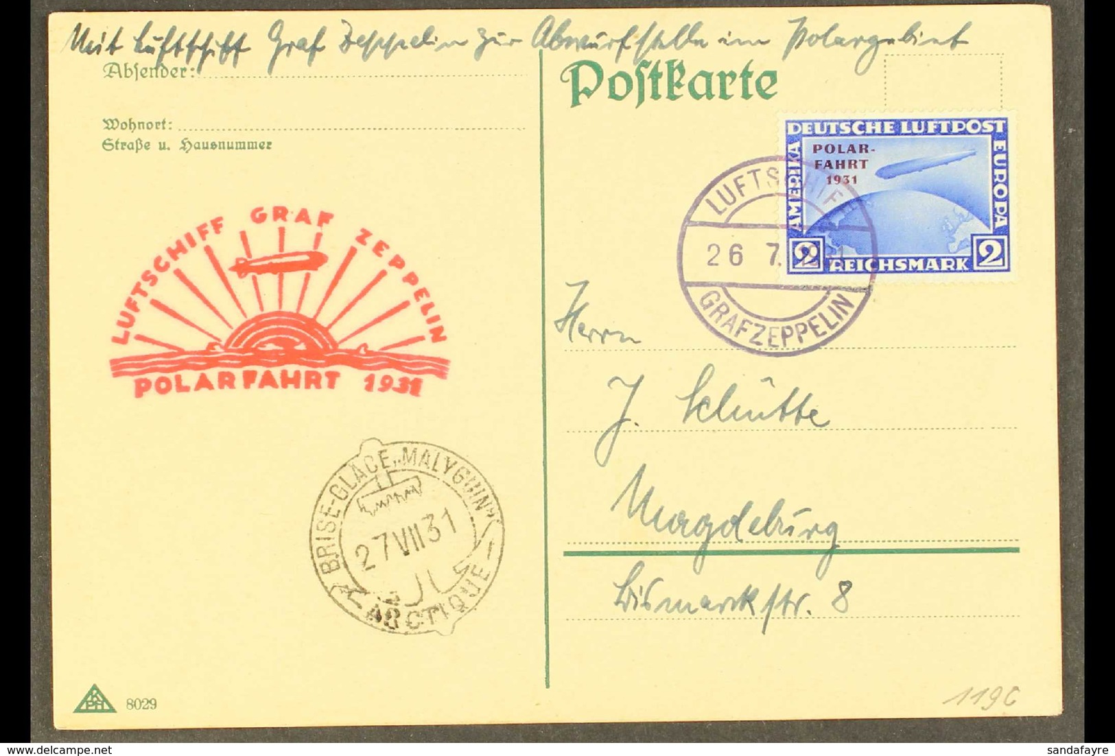 1931 GRAF ZEPPELIN POLAR FLIGHT  Postcard To Magdeburg Bearing "POLAR-FAHRT 1931" 2RM Bright Blue (Mi 457, SG 470) Tied  - Andere & Zonder Classificatie