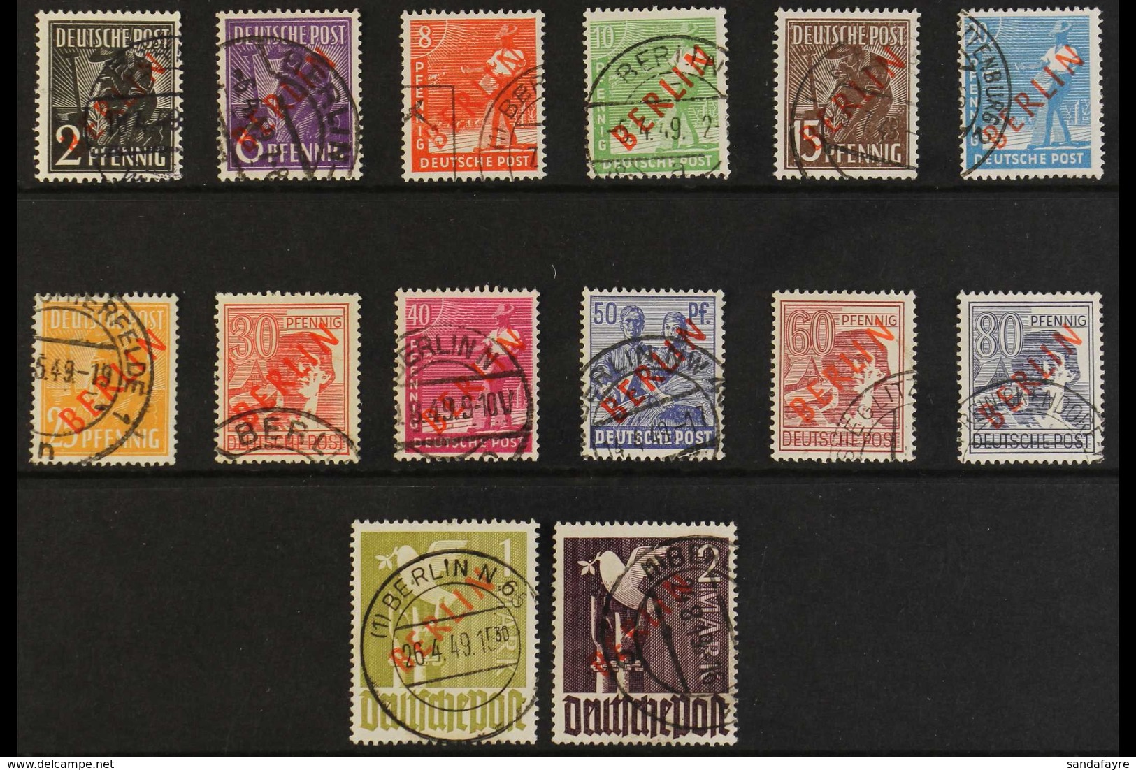 1949  "BERLIN" Overprints In Red Complete Set (Michel 21/34, SG B21/34), Very Fine Cds Used, All Stamps Expertized Schle - Autres & Non Classés