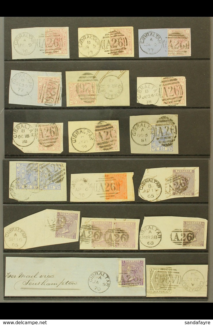 1865-1881 GREAT BRITAIN USED IN.  An Attractive Group Of All Different Stamps USED ON PIECES Tied By "A 26" Numeral Or F - Gibilterra