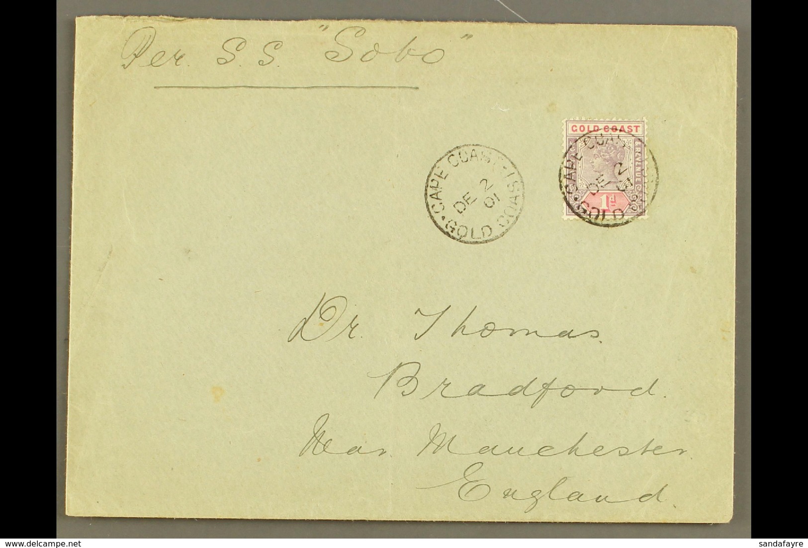 1901  (2 Dec) Cover Addressed To England, Endorsed "Per S.S. Soho", Bearing 1d QV Stamp Tied By "Cape Coast" Cds, Plus A - Goldküste (...-1957)