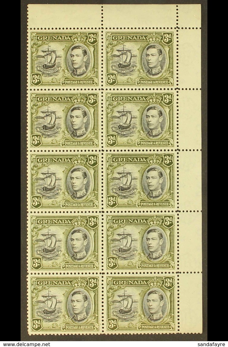 1938-50  KGVI Definitive 3d Black And Brown-olive Perf 12½, SG 158b, Corner Block Of Ten (2 X 5) Including COLON FLAW (S - Grenada (...-1974)