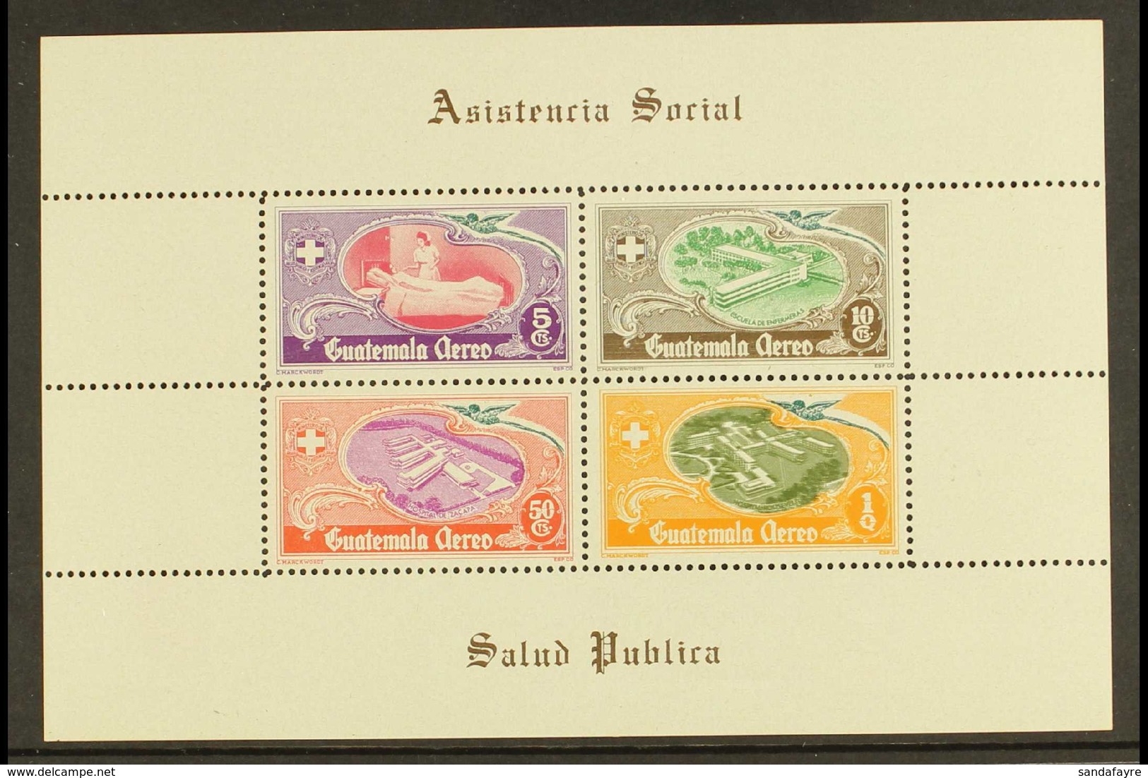 1950  National Hospital Fund Miniature Sheet, Scott C180a, Showing DOUBLE PRINTED Olive Colour (Roosevelt Hospital), Ver - Guatemala