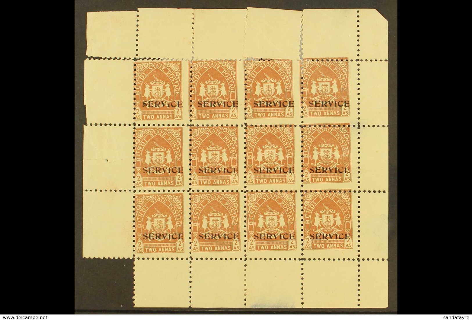 BUNDI  OFFICIALS. 1941 2a Brown, SG O56, COMPLETE SHEET Of 12 With Selvedge To All Sides. Fine Mint, Ungummed Paper As I - Altri & Non Classificati