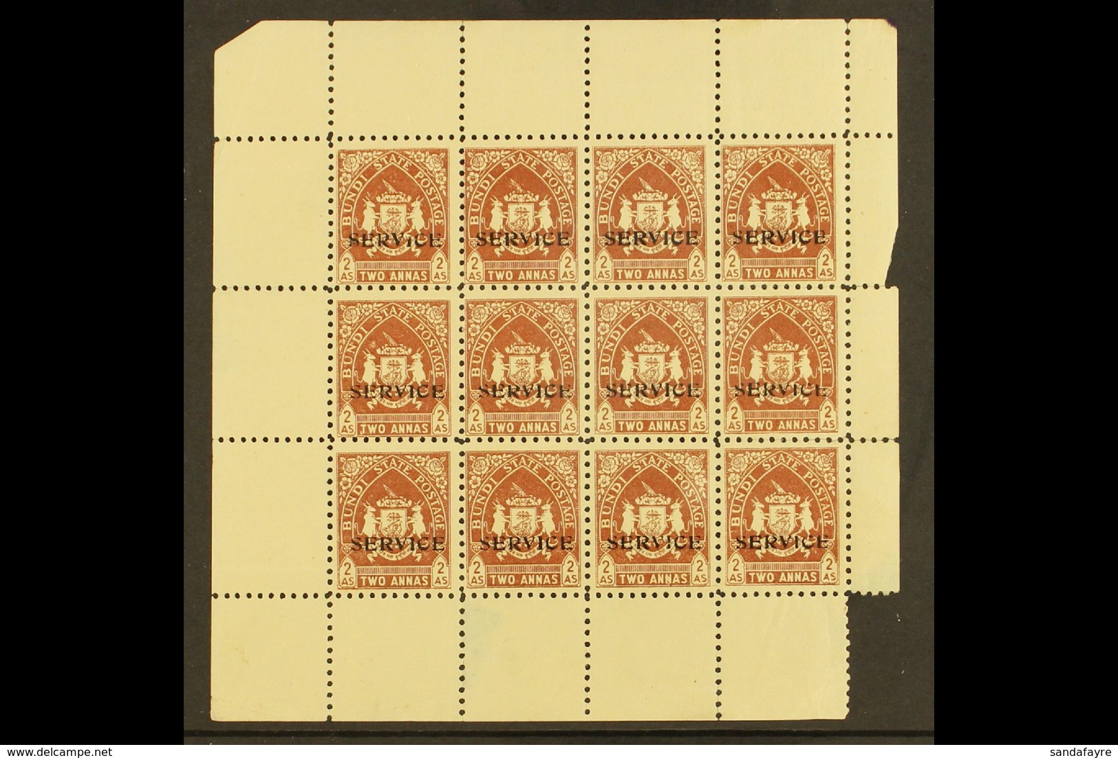 BUNDI  OFFICIALS. 1941 2a Brown, SG O56, COMPLETE SHEET Of 12 With Selvedge To All Sides. Fine Mint, Ungummed Paper As I - Altri & Non Classificati