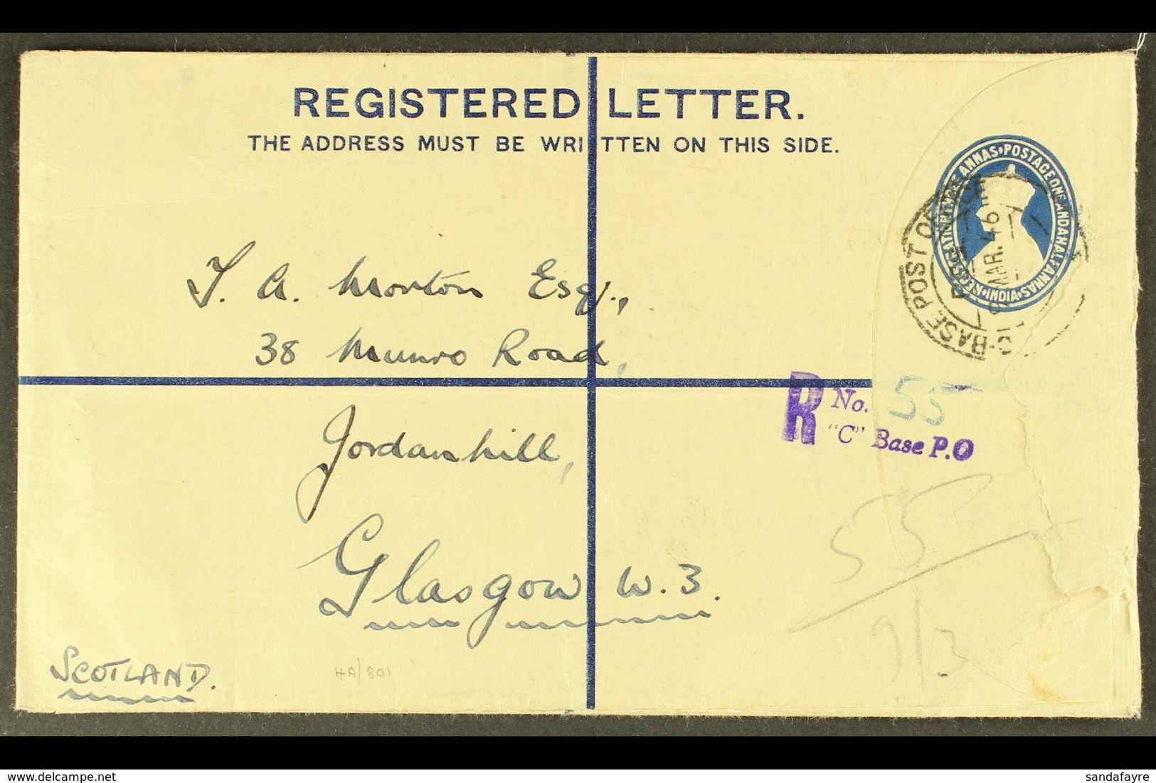 1946  (9 Apr) India KGV 1½a Postal Stationery Registered Envelope To Scotland, Cancelled By "C - Base Post Office / REG" - Iraq