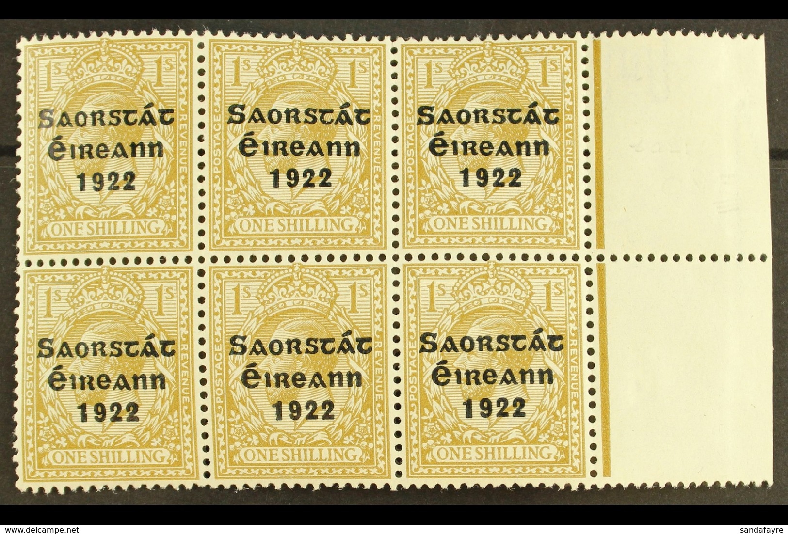 1922-23  1s Bistre-brown Three Line Overprint, SG 63, A Right Hand Marginal Block Of Six With One Stamp Showing The "ONF - Andere & Zonder Classificatie