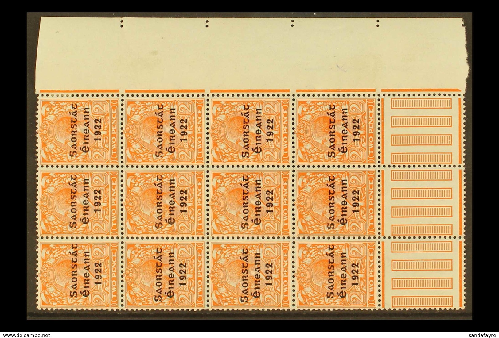 1922-23 VARIETIES  2d Orange (SG 55) Marginal Corner Pane Multiple Of 12 Stamps,  incorporates "S Over E" Varieties, Row - Andere & Zonder Classificatie