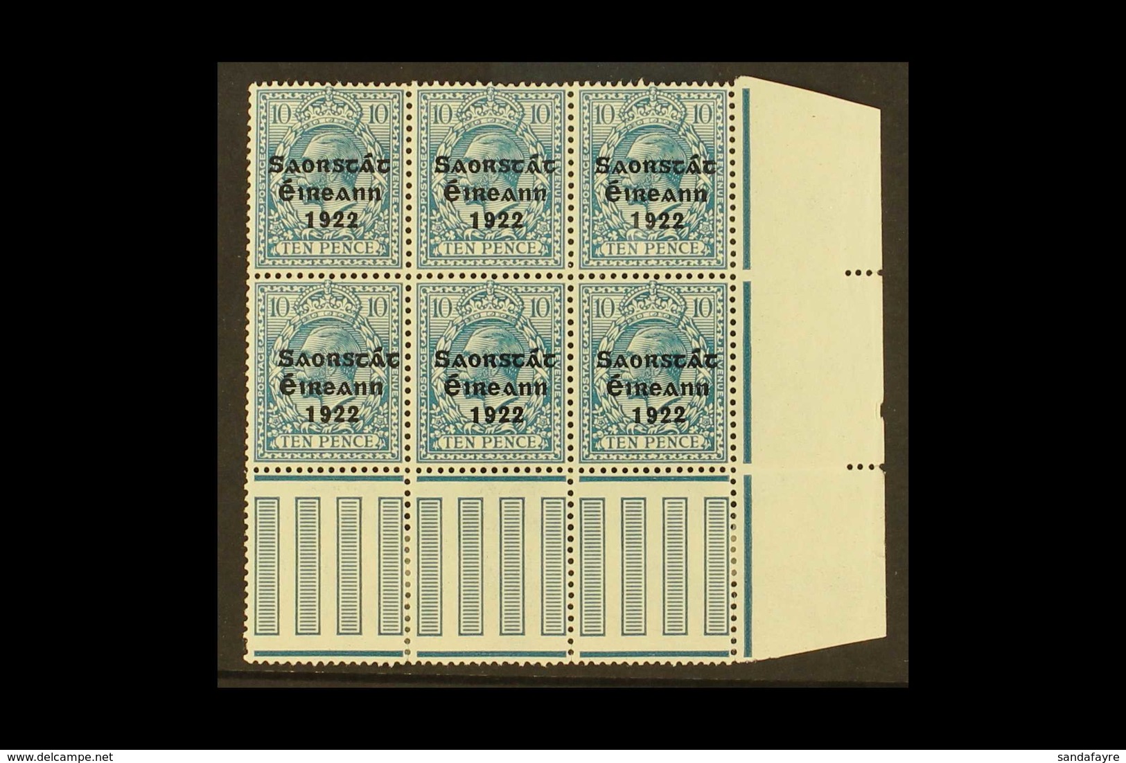 1922-23 VARIETY  10d Turquoise Blue (SG 62) Marginal Corner Pane Multiple Of 6 Stamps,  incorporates "S Over E" Variety, - Altri & Non Classificati