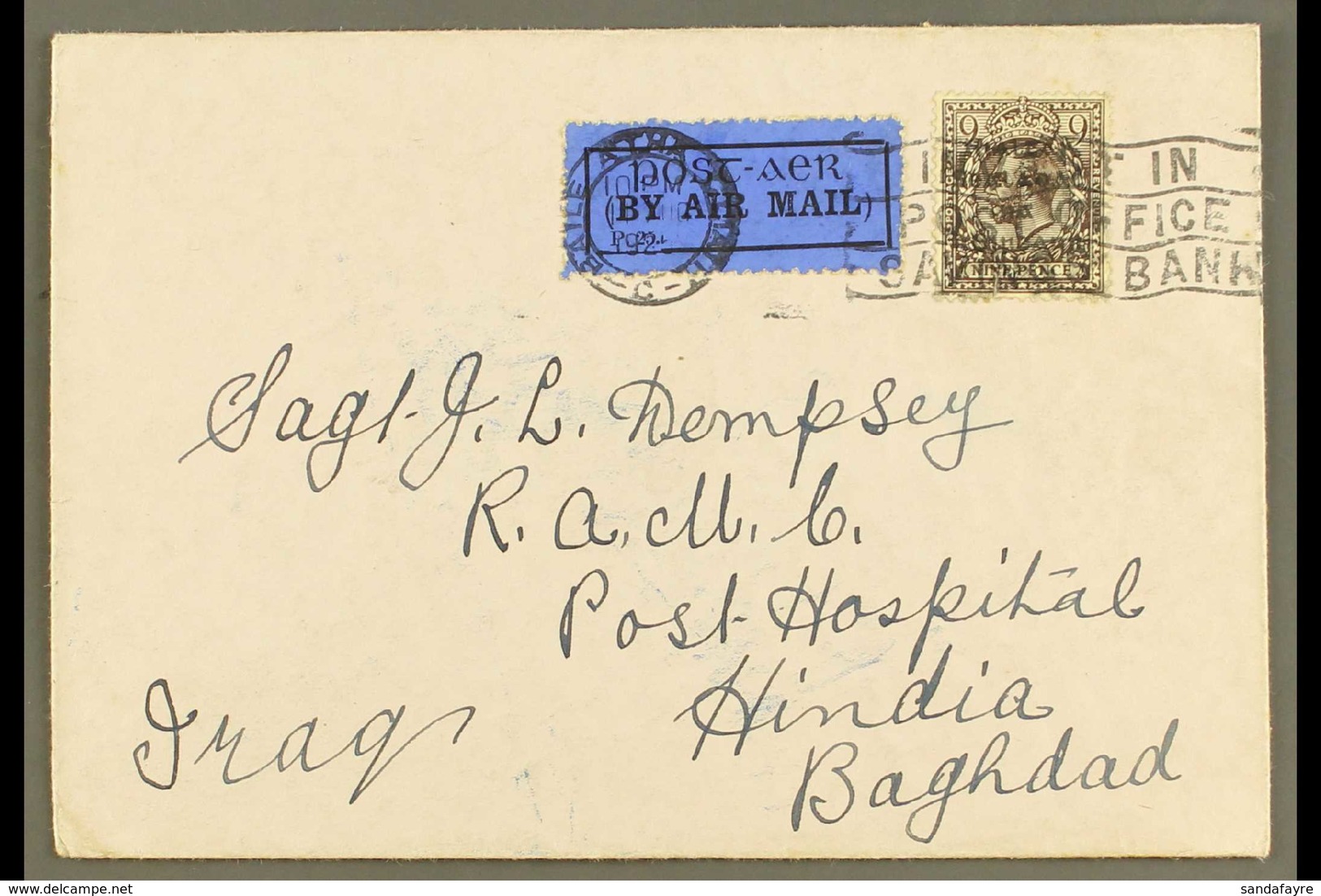 1925  (Aug) Air Cover To Baghdad, Iraq, Bearing Single 9d Agate Dollard Overprint, SG 8, Tied By Post Office Savings Ban - Sonstige & Ohne Zuordnung