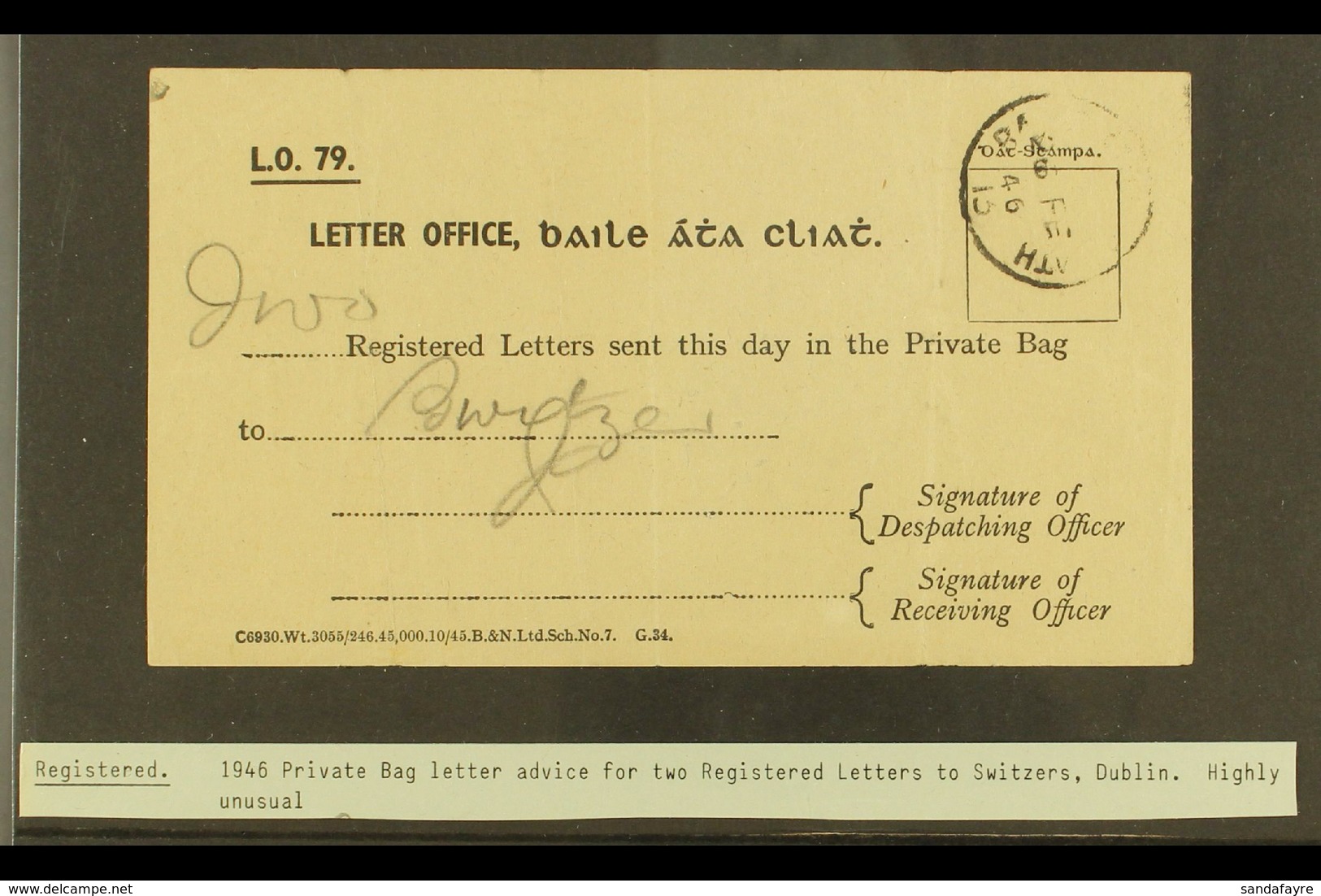 1946 PRIVATE BAG LETTER ADVICE  A Scarce Private Bag Receipt For Two Registered Letters  To Switzers In Dublin. For More - Andere & Zonder Classificatie