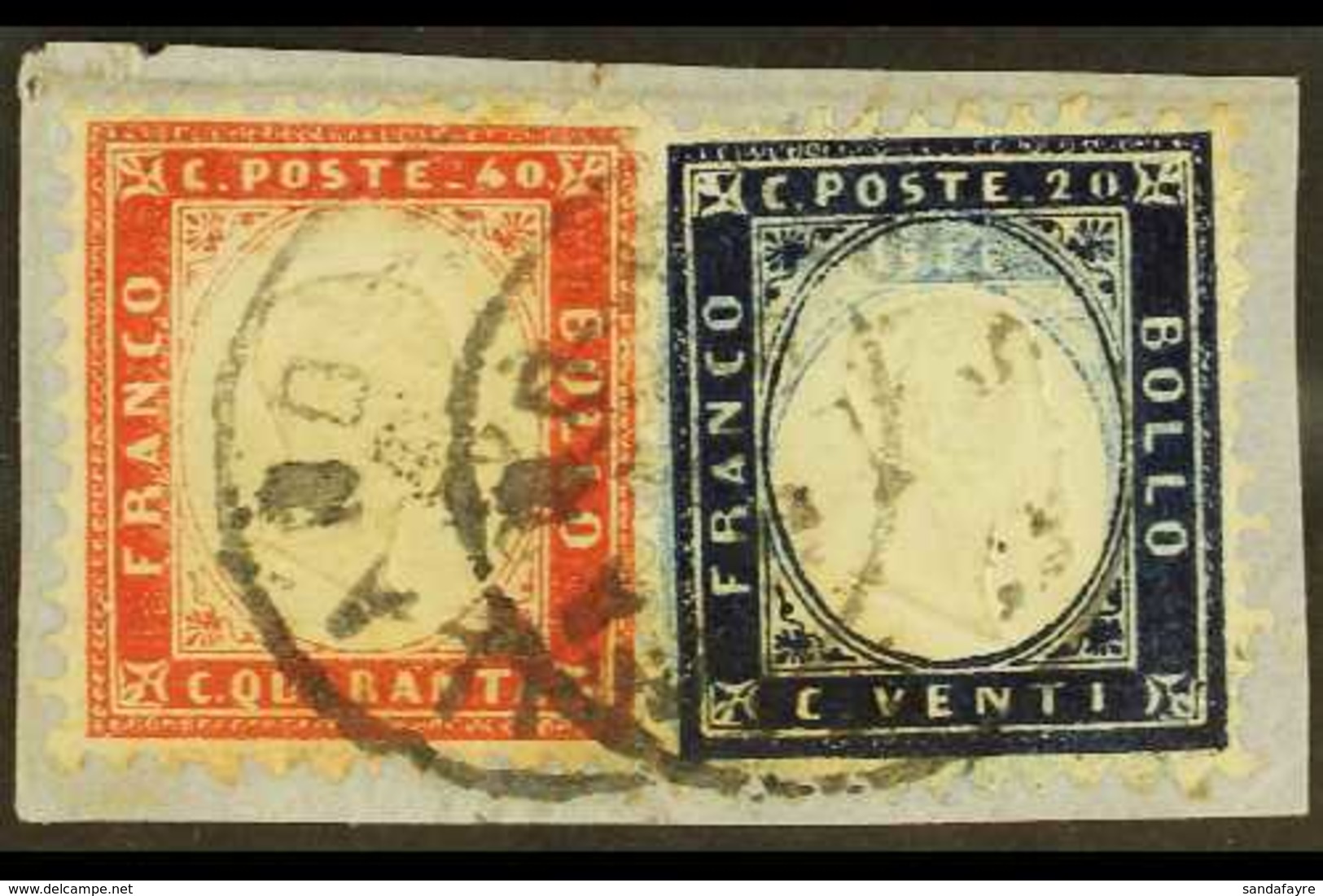 1862  20c Indigo & 40c Deep Red (SG 2a & 3b, Sassone 2 & 3), Fine Used On Small Piece Tied By "Milano" Cds's, The 20c Wi - Zonder Classificatie