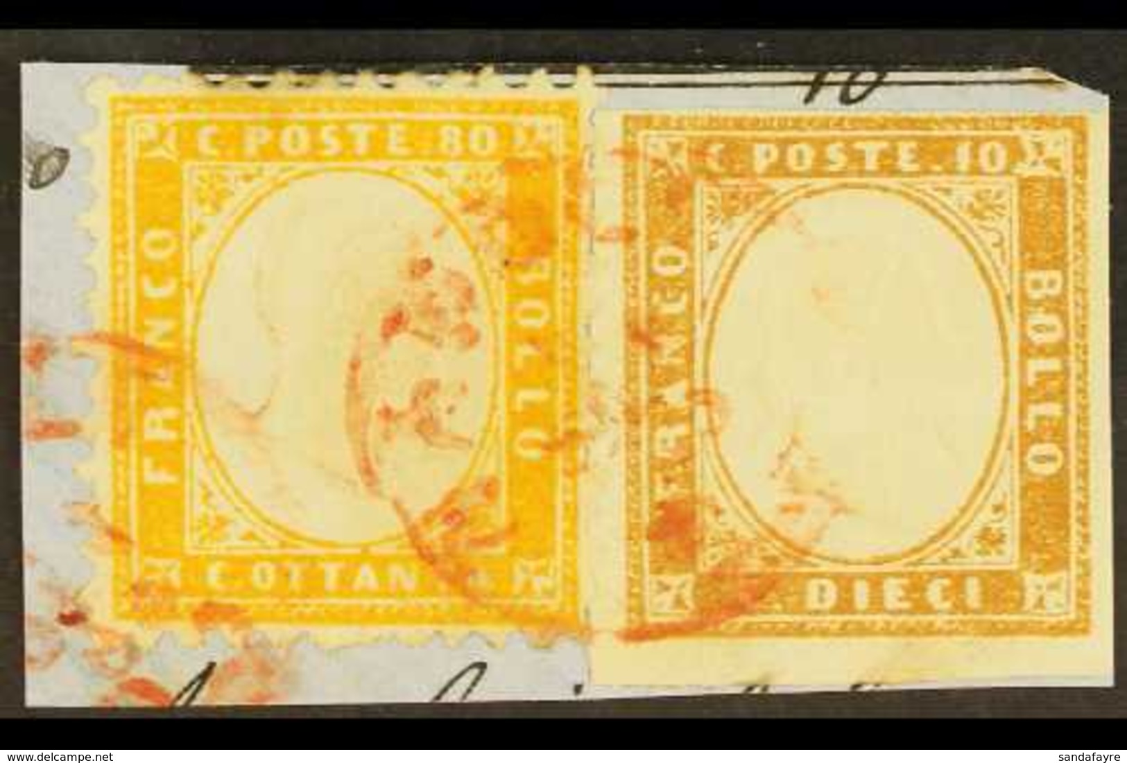 1862  80c Yellow Perf 11½x12 (SG 4, Sassone 4) And Sardinia 1861-63 10c Bistre Imperf (SG 40, Sassone 15E), Together Use - Zonder Classificatie