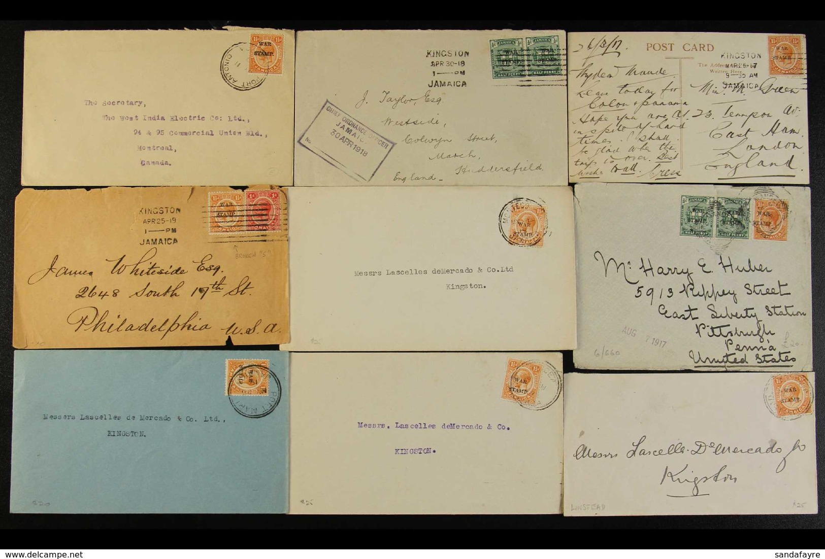 1916-19 "WAR TAX" ISSUES ON COVER.  A Delightful Selection Of Covers & A Picture Postcard Bearing "War Tax" Overprinted  - Giamaica (...-1961)