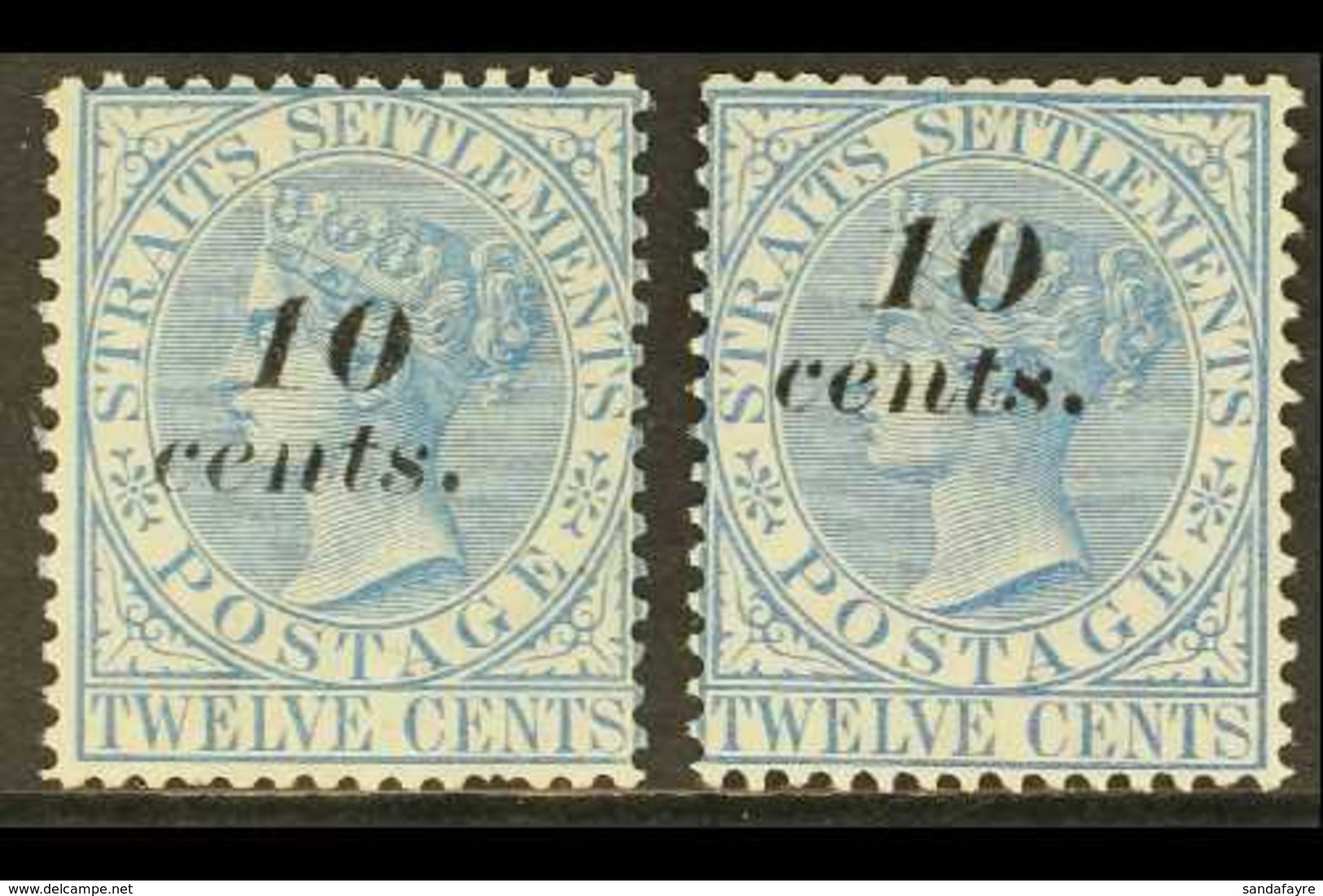 1880-81  10c On 12c Ultramarine (one Shorter Perf), And 10c On 12c Blue, SG 45/45a, Fine Mint. (2 Stamps) For More Image - Straits Settlements