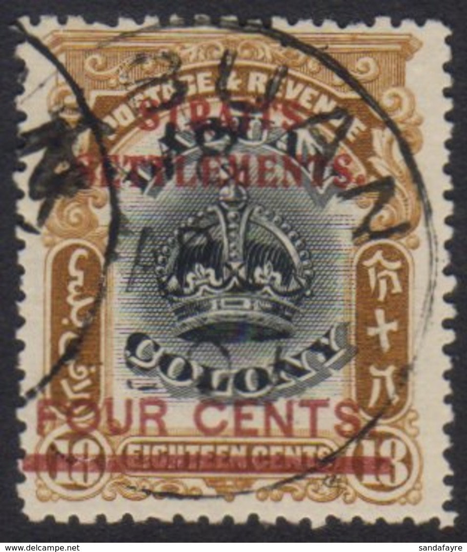 1906-07  4c On 18c Black And Pale Brown With LINE THROUGH "B" Variety, SG 146d, Very Fine Used, Couple Short Perfs At To - Straits Settlements