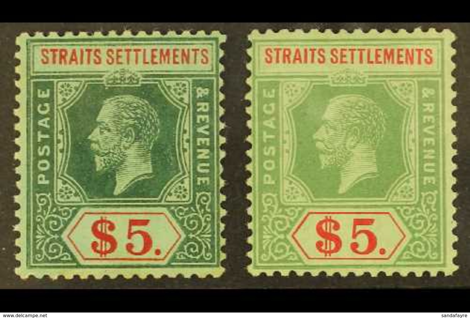 1912-23  KGV (wmk Mult Crown CA) $5 Both Dies (SG 212 And 212d) Fine Mint. Fresh And Attractive! (2 Stamps) For More Ima - Straits Settlements